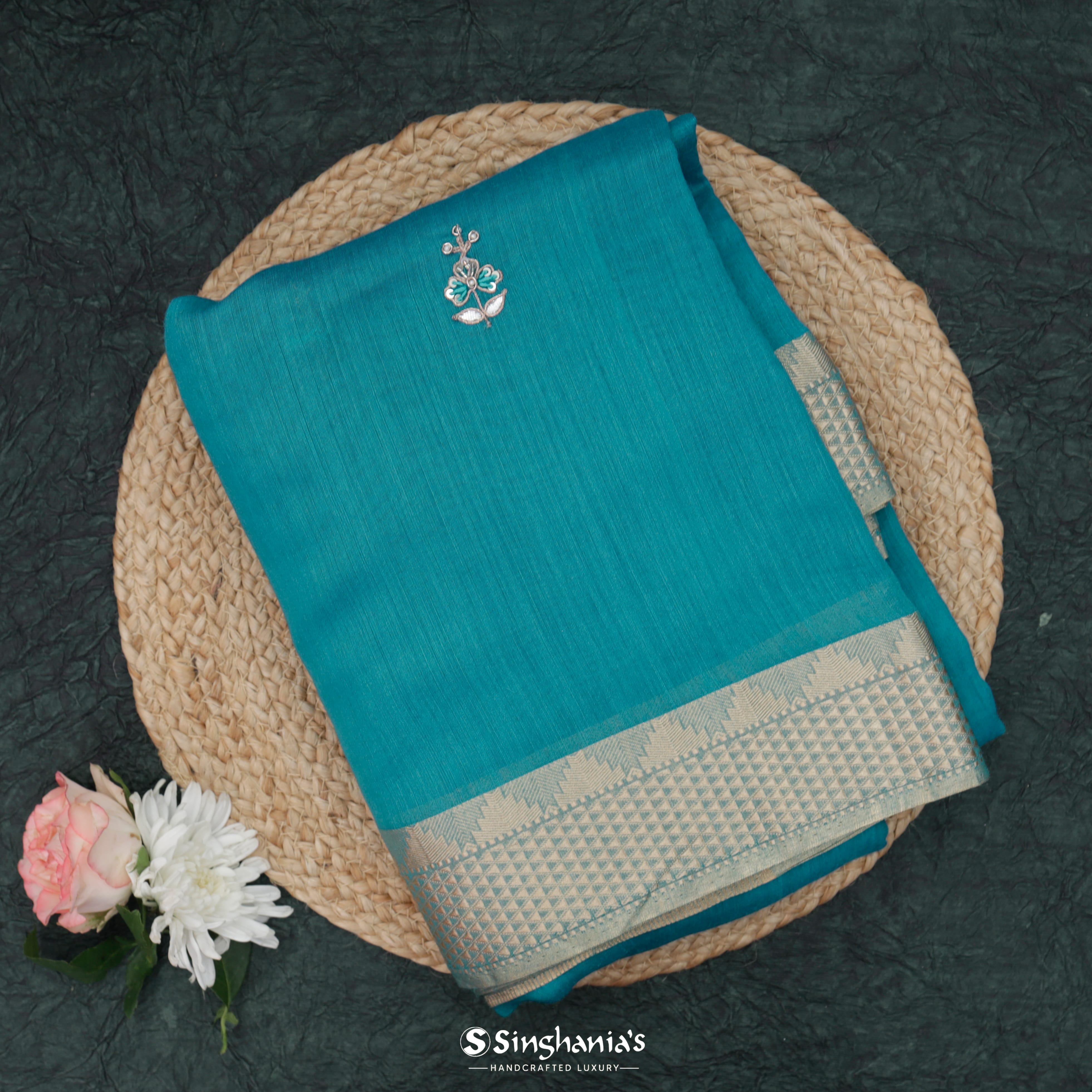 Arctic Blue Moonga Embroidery Silk Saree With Floral Buttas