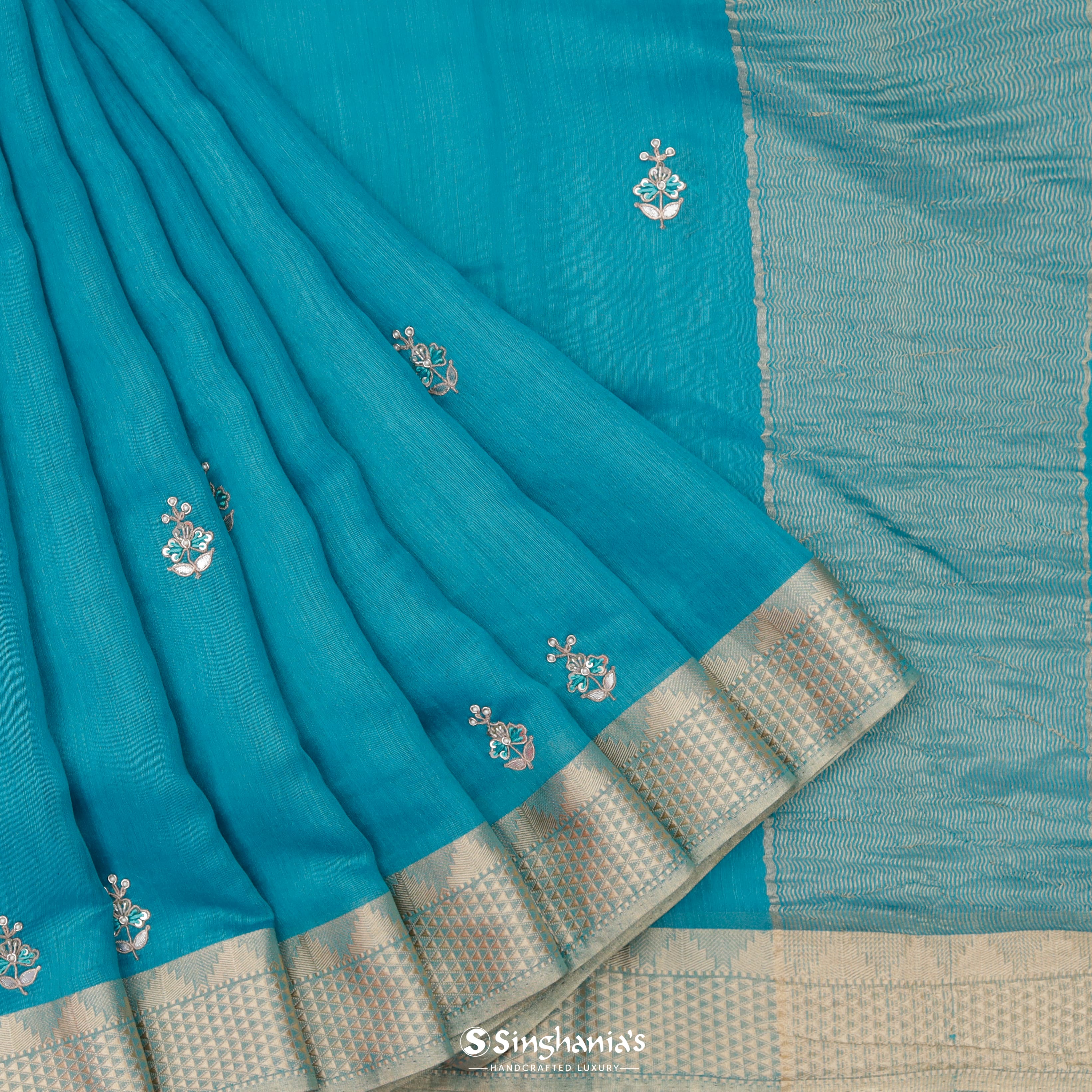 Arctic Blue Moonga Embroidery Silk Saree With Floral Buttas