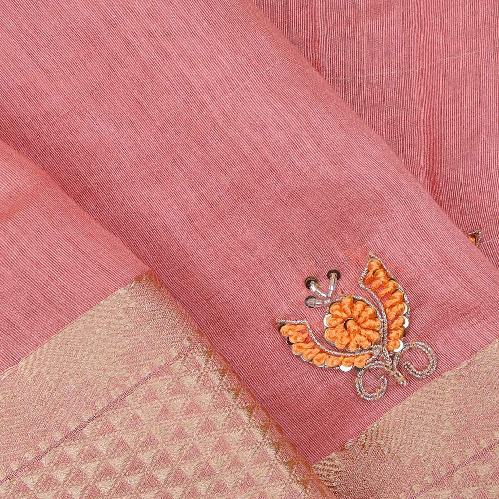 Peach Pink Hand Embroidered Moonga Silk Saree With Gota Patti - Singhania's