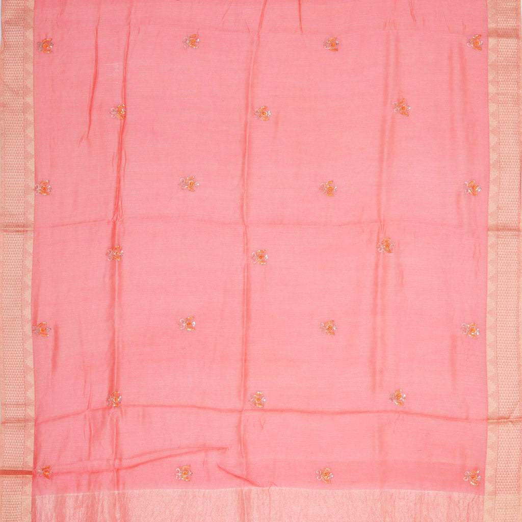 Peach Pink Hand Embroidered Moonga Silk Saree With Gota Patti - Singhania's