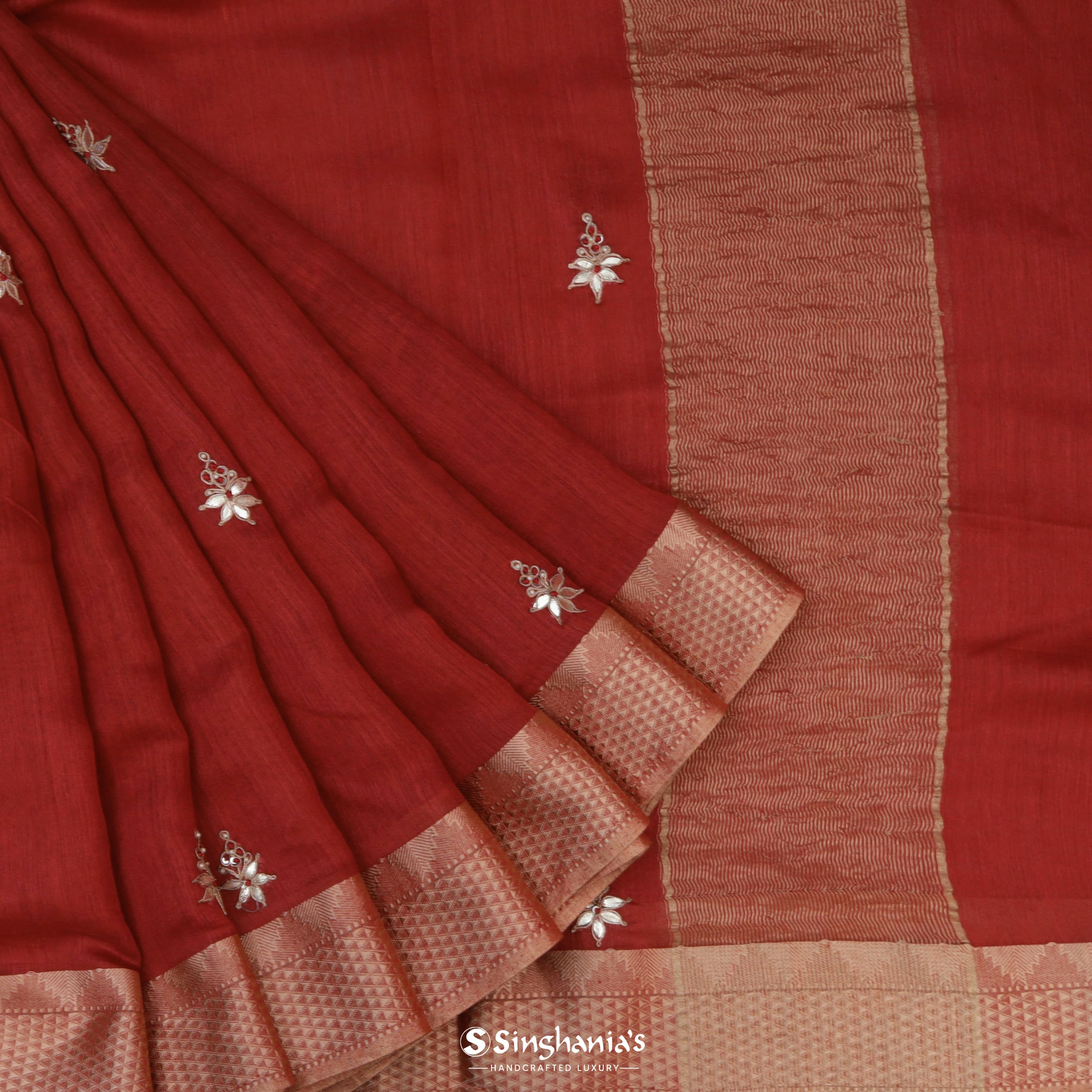 Crimson Red Moonga Embroidery Handloom Saree With Tiny Floral Buttis