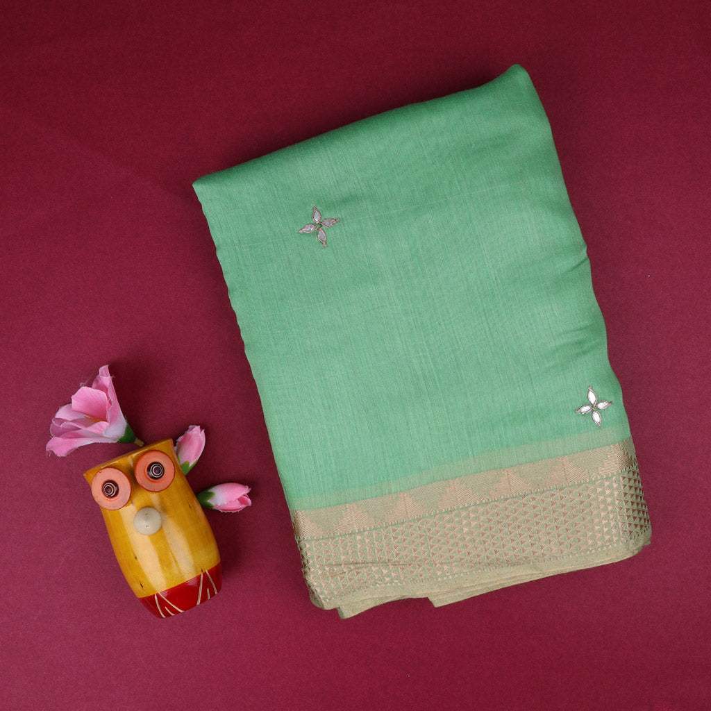 Jade Green Hand Embroidered Moonga Silk Saree With Gota Patti - Singhania's