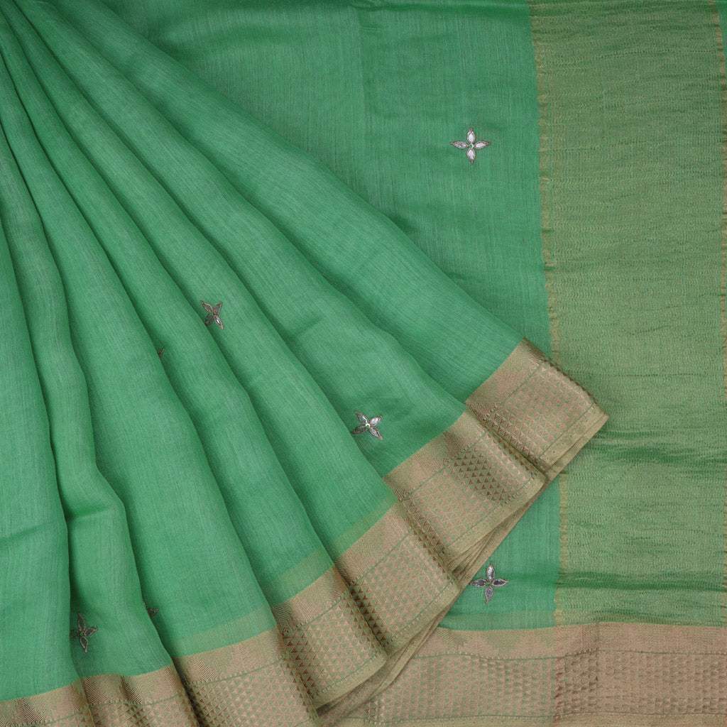 Jade Green Hand Embroidered Moonga Silk Saree With Gota Patti - Singhania's