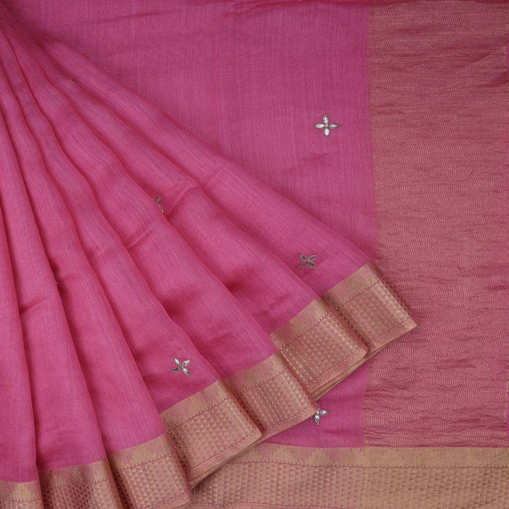 Dark Bubblegum Pink Hand Embroidered Moonga Silk Saree With Gota Patti - Singhania's