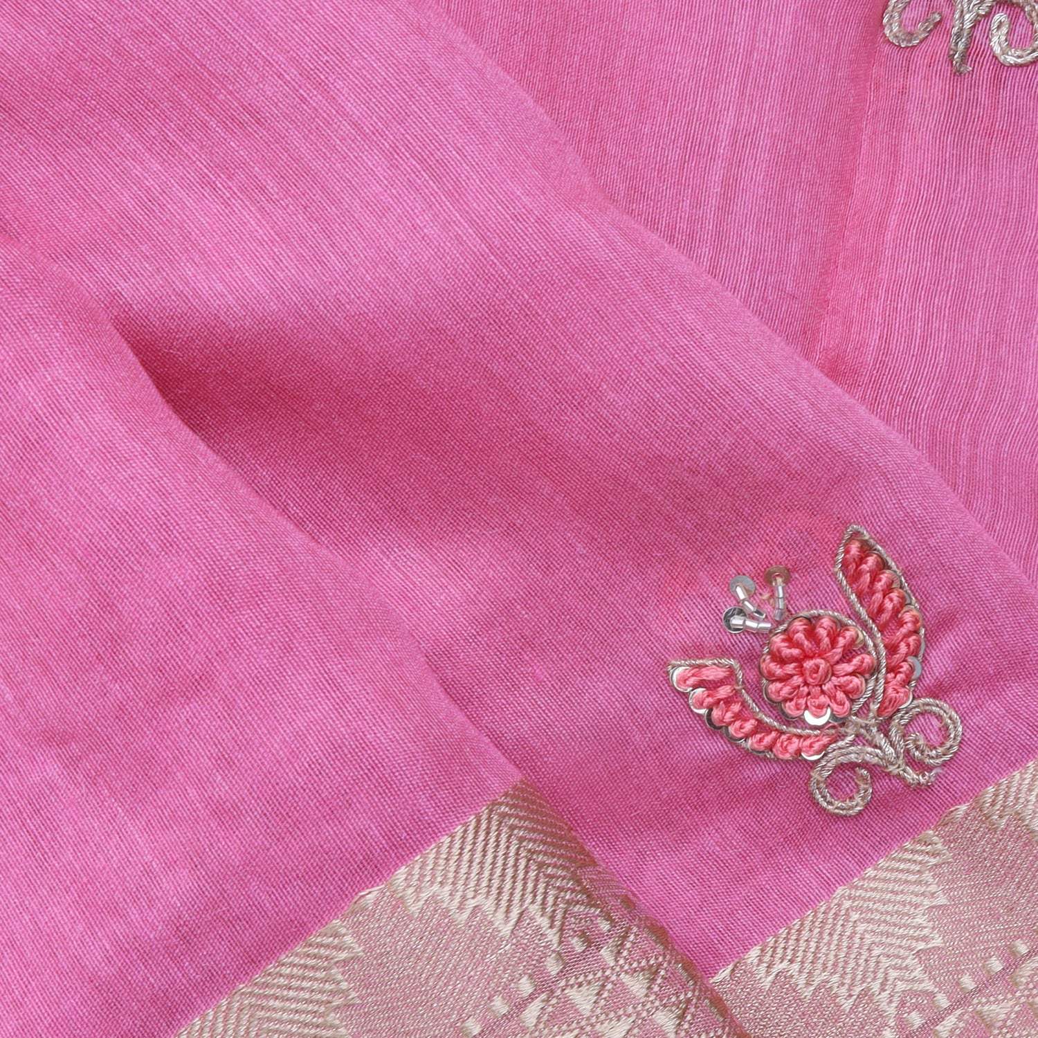 Rouge Pink Moonga Hand Embroidery Saree - Singhania's
