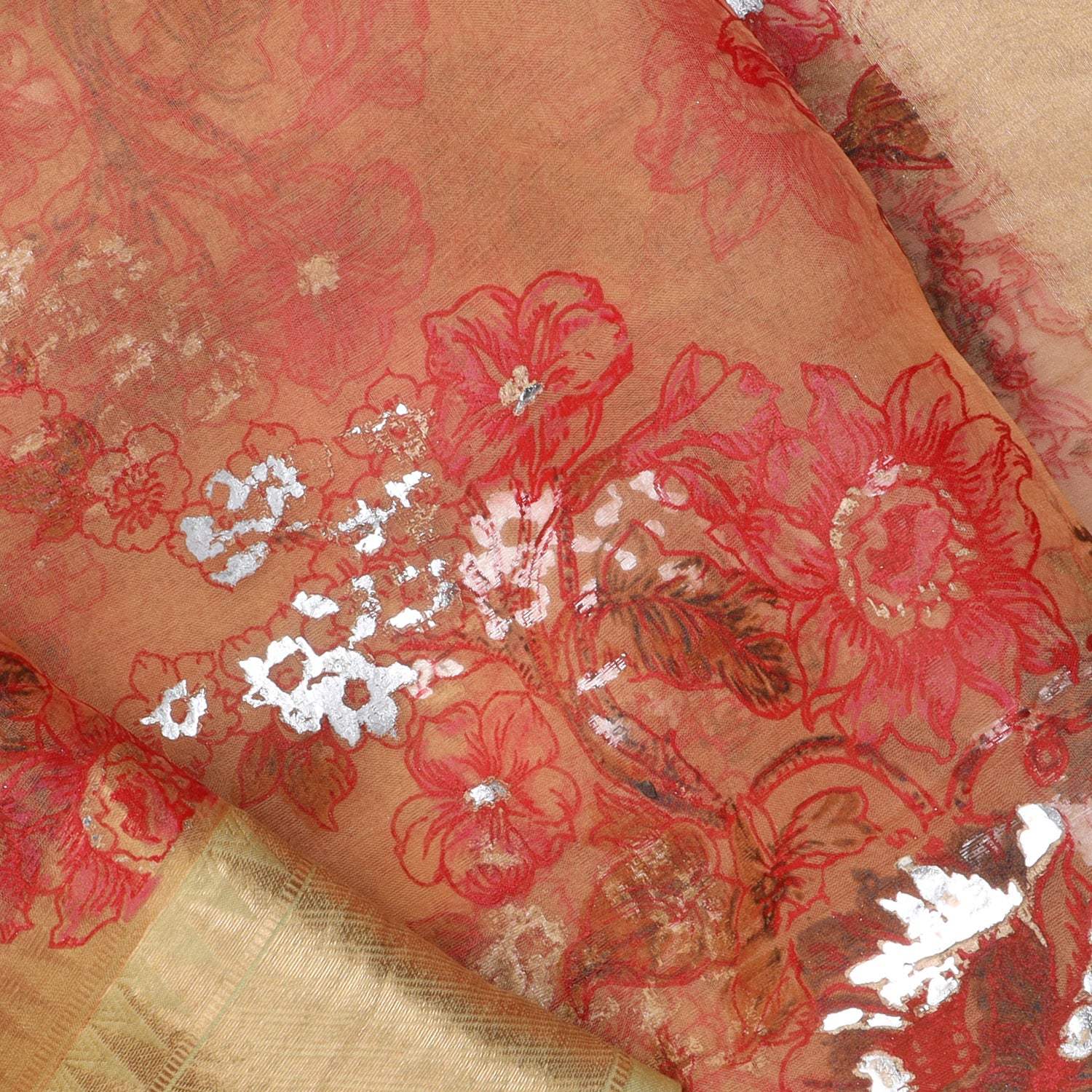 Orange Organza Saree With Foil Prints - Singhania's