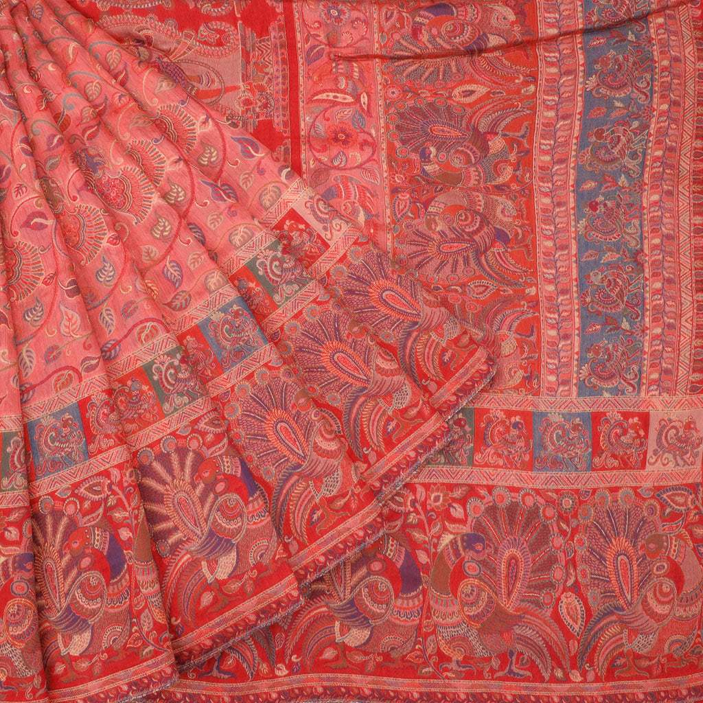 Coral Peach Kani Silk Handloom Saree With Jaal Design - Singhania's