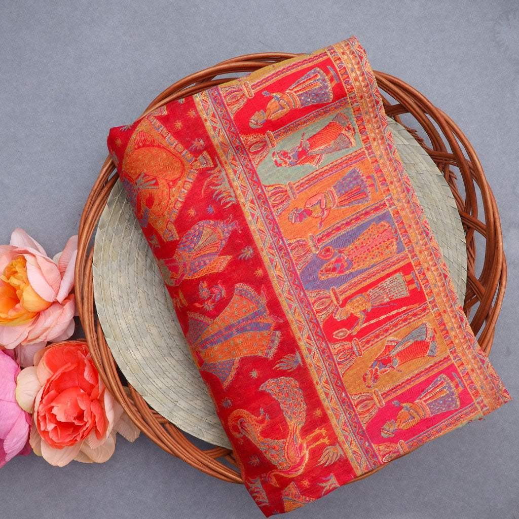 Cherry Red Kani Silk Handloom Saree With Jaal Design - Singhania's