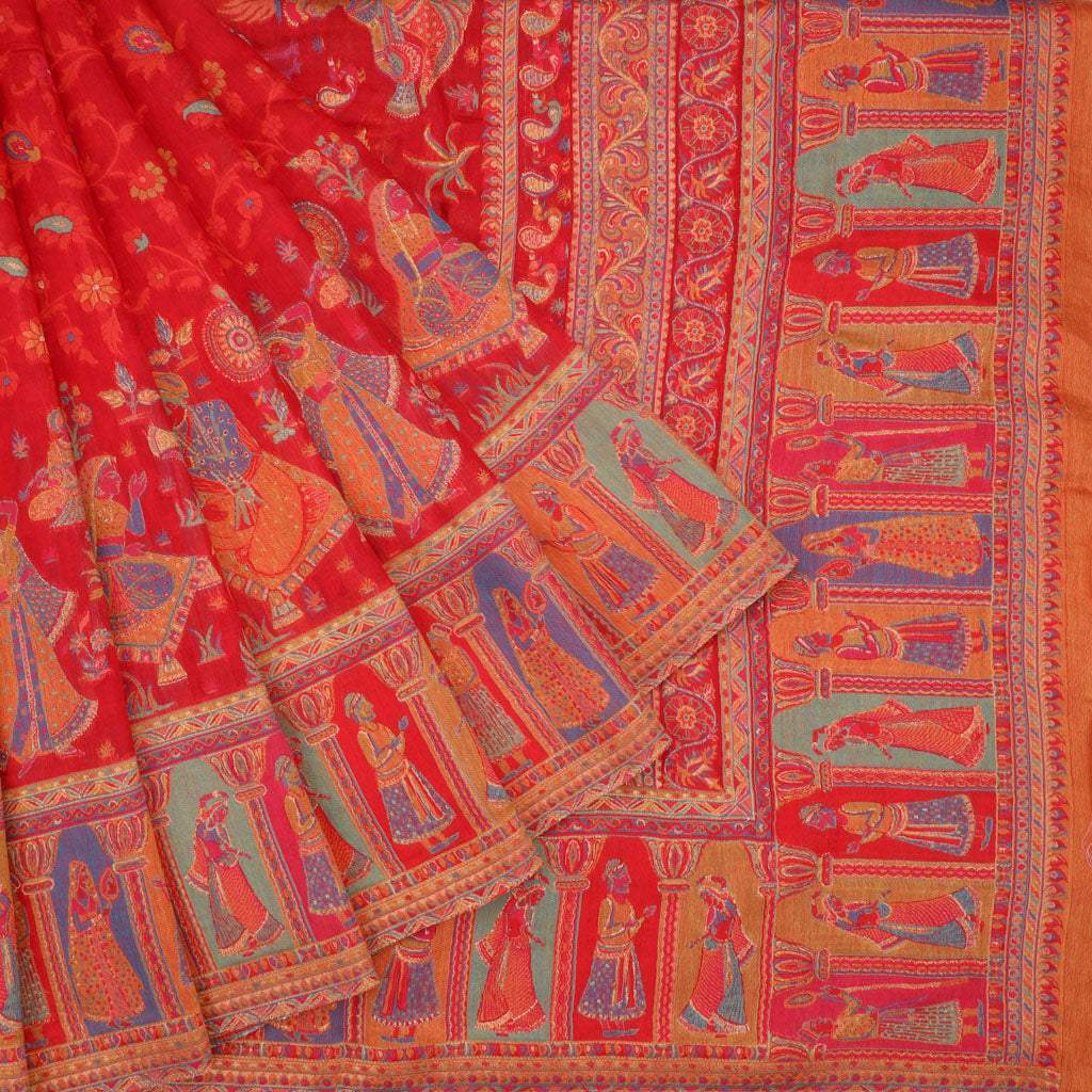 Cherry Red Kani Silk Handloom Saree With Jaal Design - Singhania's