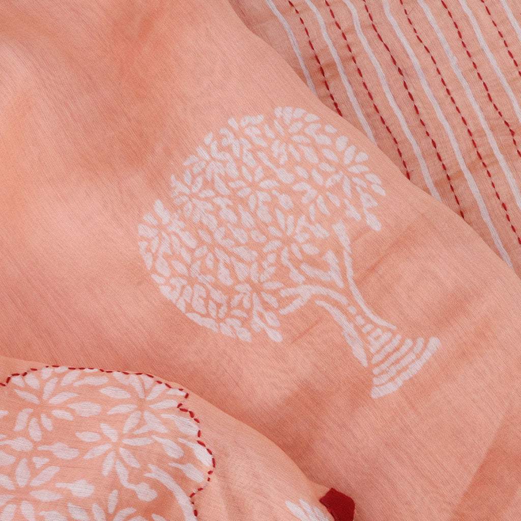 Salmon Peach Chanderi Printed Silk Saree With Applique Border - Singhania's
