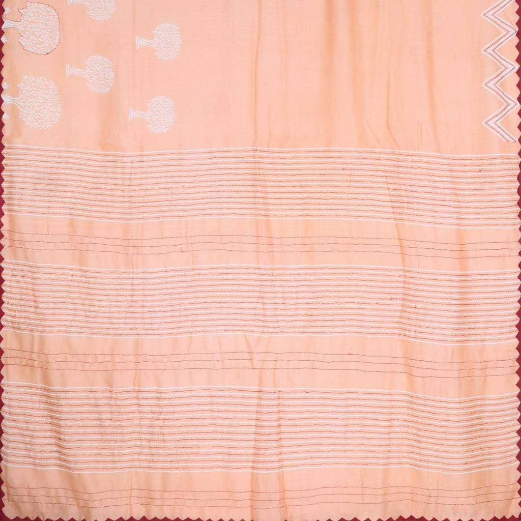 Salmon Peach Chanderi Printed Silk Saree With Applique Border - Singhania's