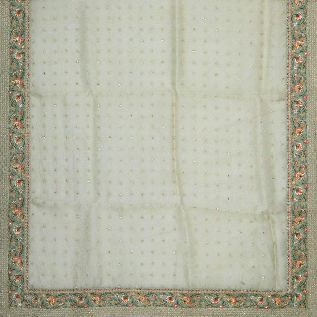 Light Sage Green Floral Embroidery Organza Saree - Singhania's