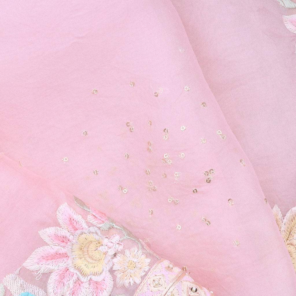 Light Pink Floral Embroidery Organza Saree - Singhania's