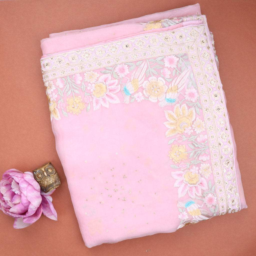 Light Pink Floral Embroidery Organza Saree - Singhania's