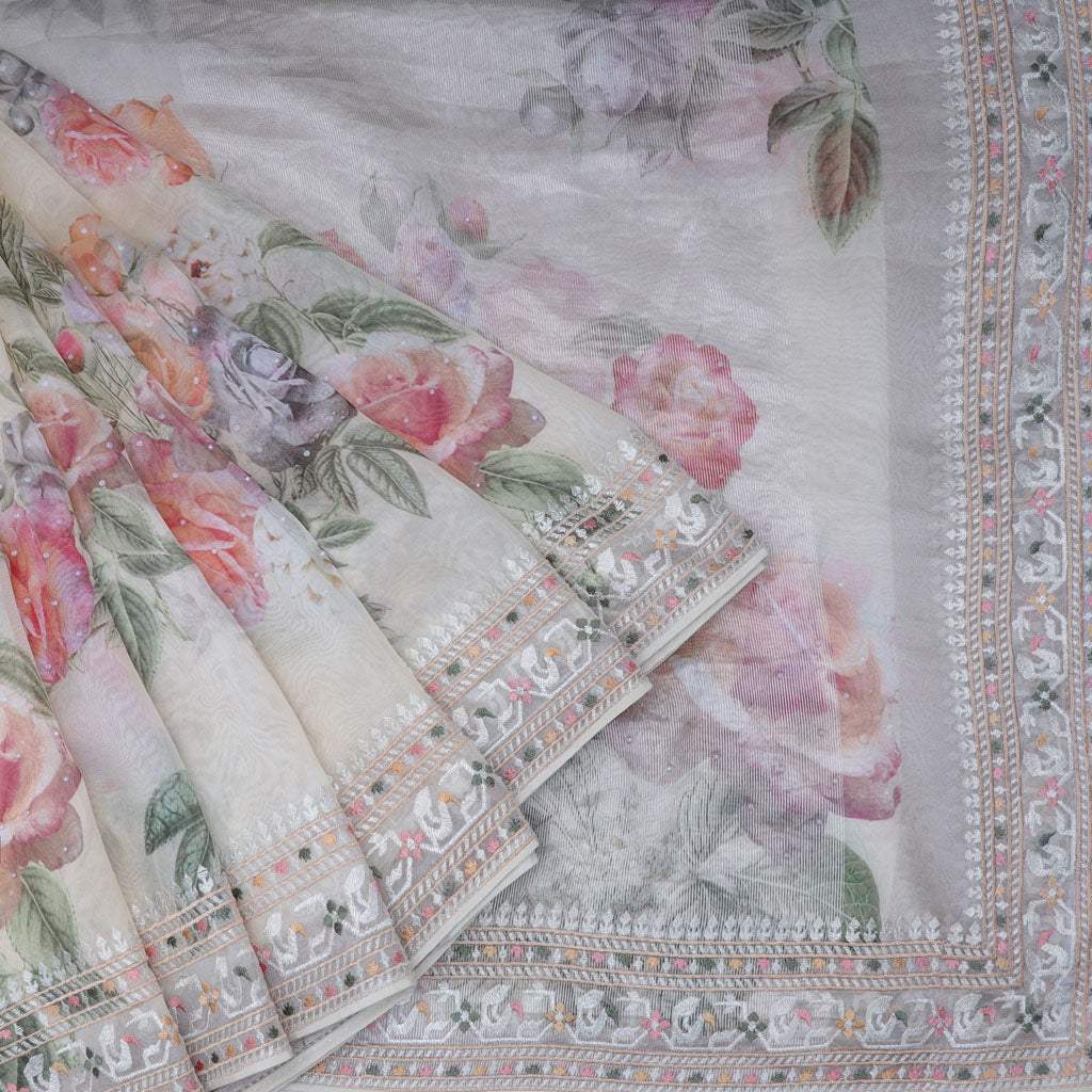 Creamy White Organza Printed Silk Saree With Floral Pattern - Singhania's