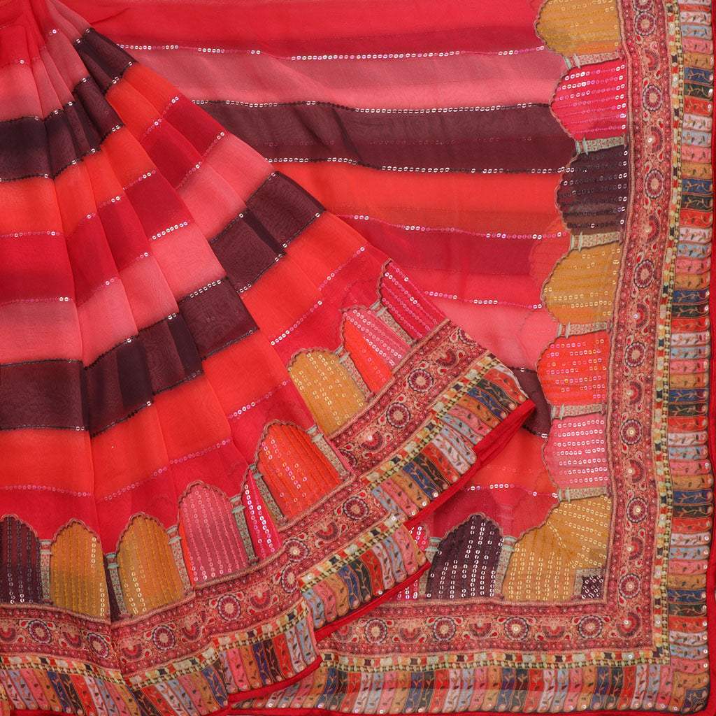 Bright Red Georgette Embroidery Saree With Multi Colored Stripes - Singhania's