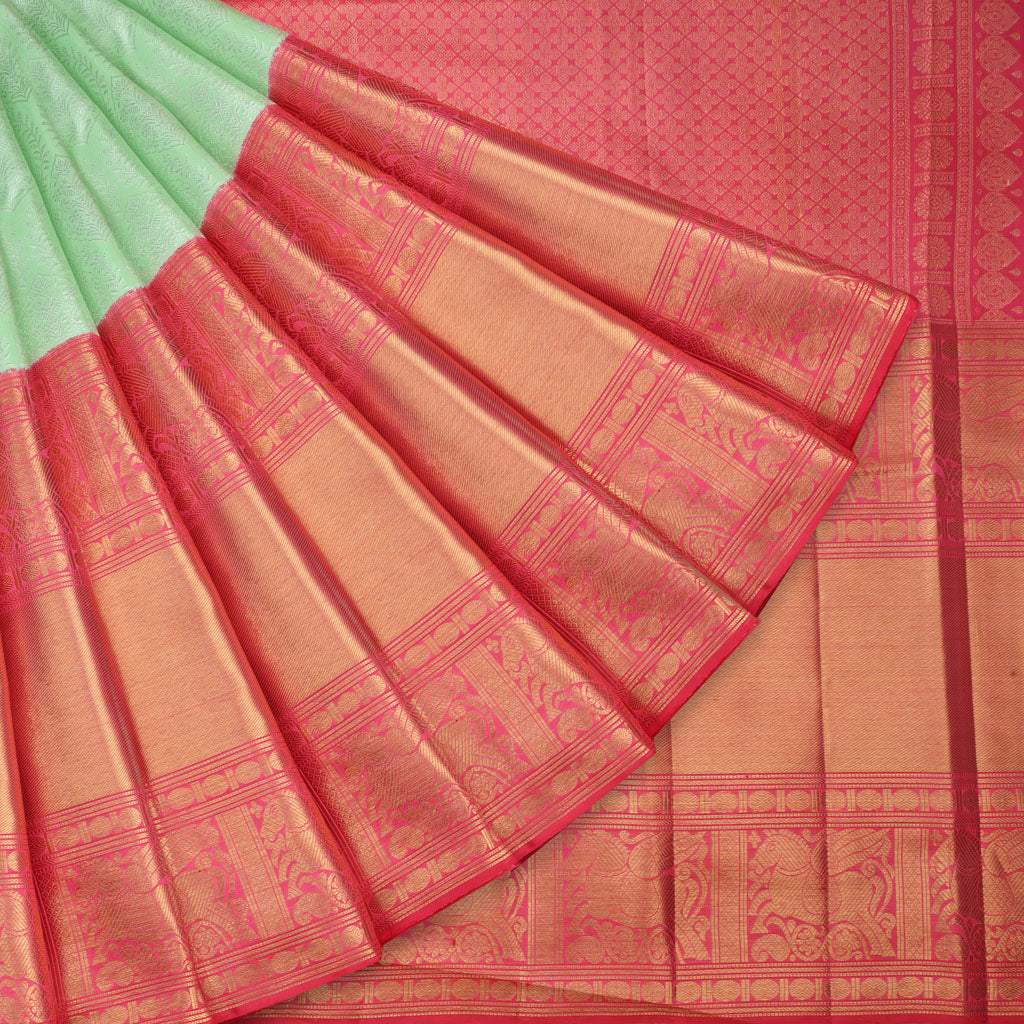 Light Green Korvai Kanjivaram Handloom Silk Saree With Yali Motif - Singhania's