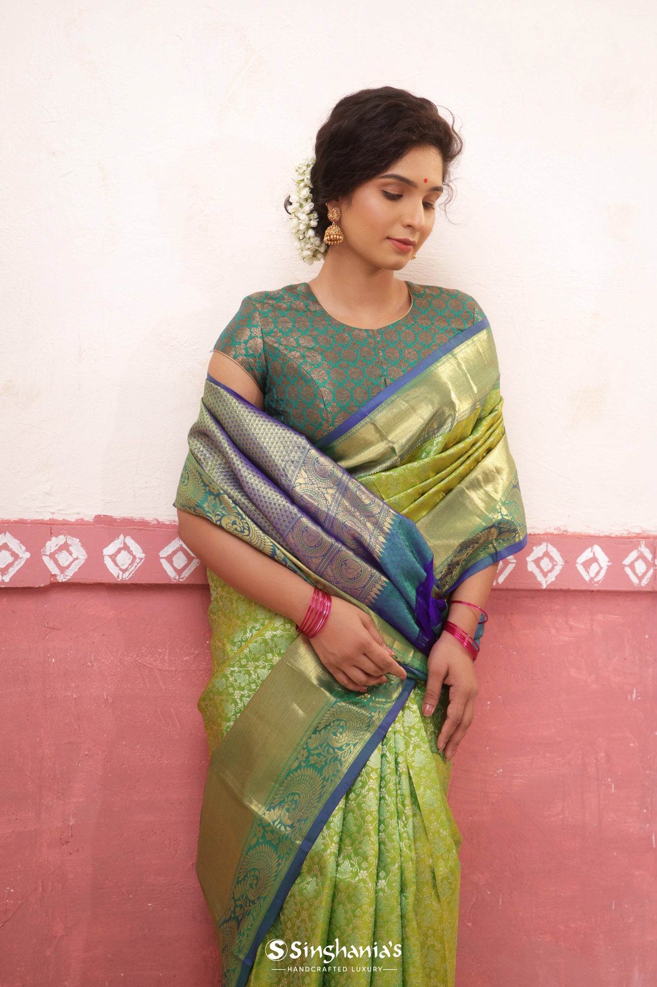 Avocado Green Kanjivaram Silk Saree With Floral Jaal Design