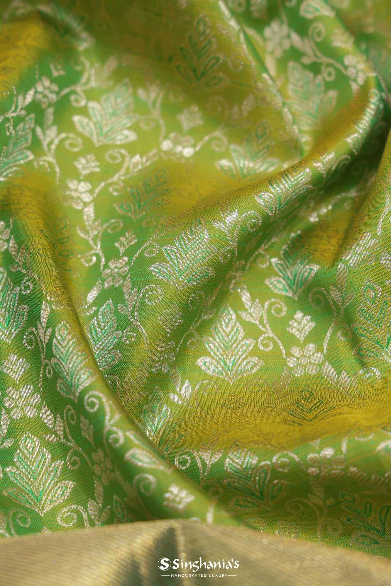 Avocado Green Kanjivaram Silk Saree With Floral Jaal Design