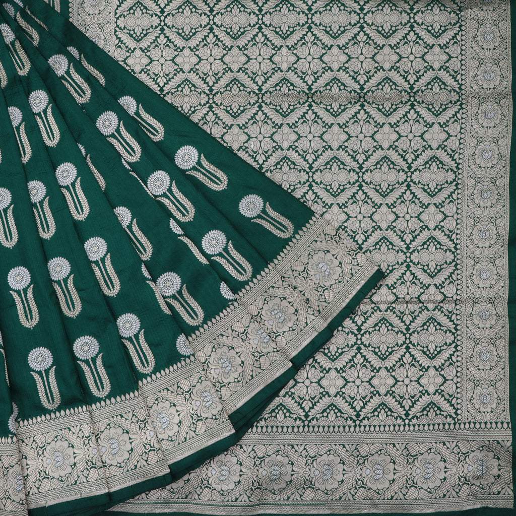 Green Banarasi Silk Handloom Saree With Floral Buttas - Singhania's