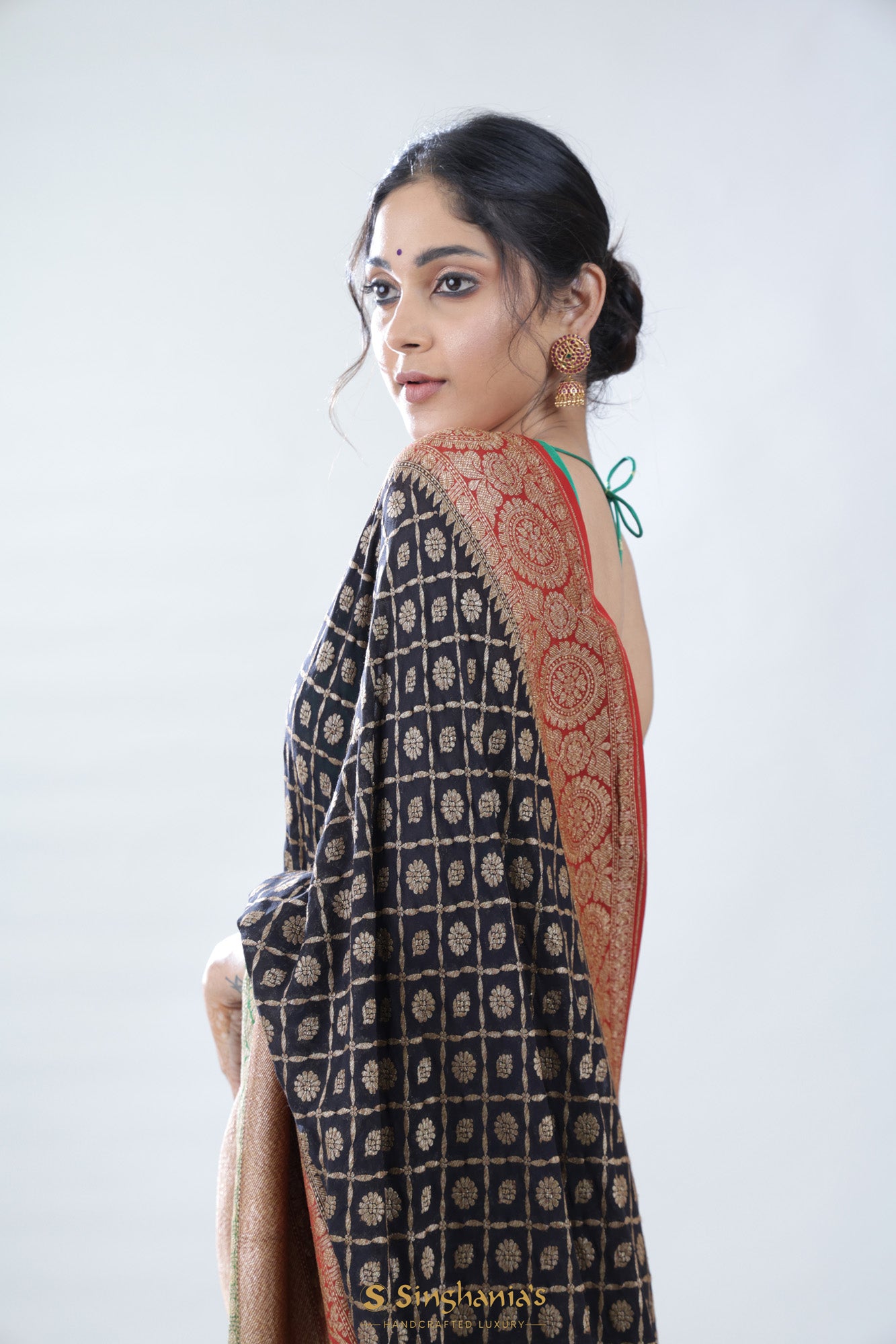 Charcoal Black Banarasi Georgette Saree With Floral Jaal Weaving