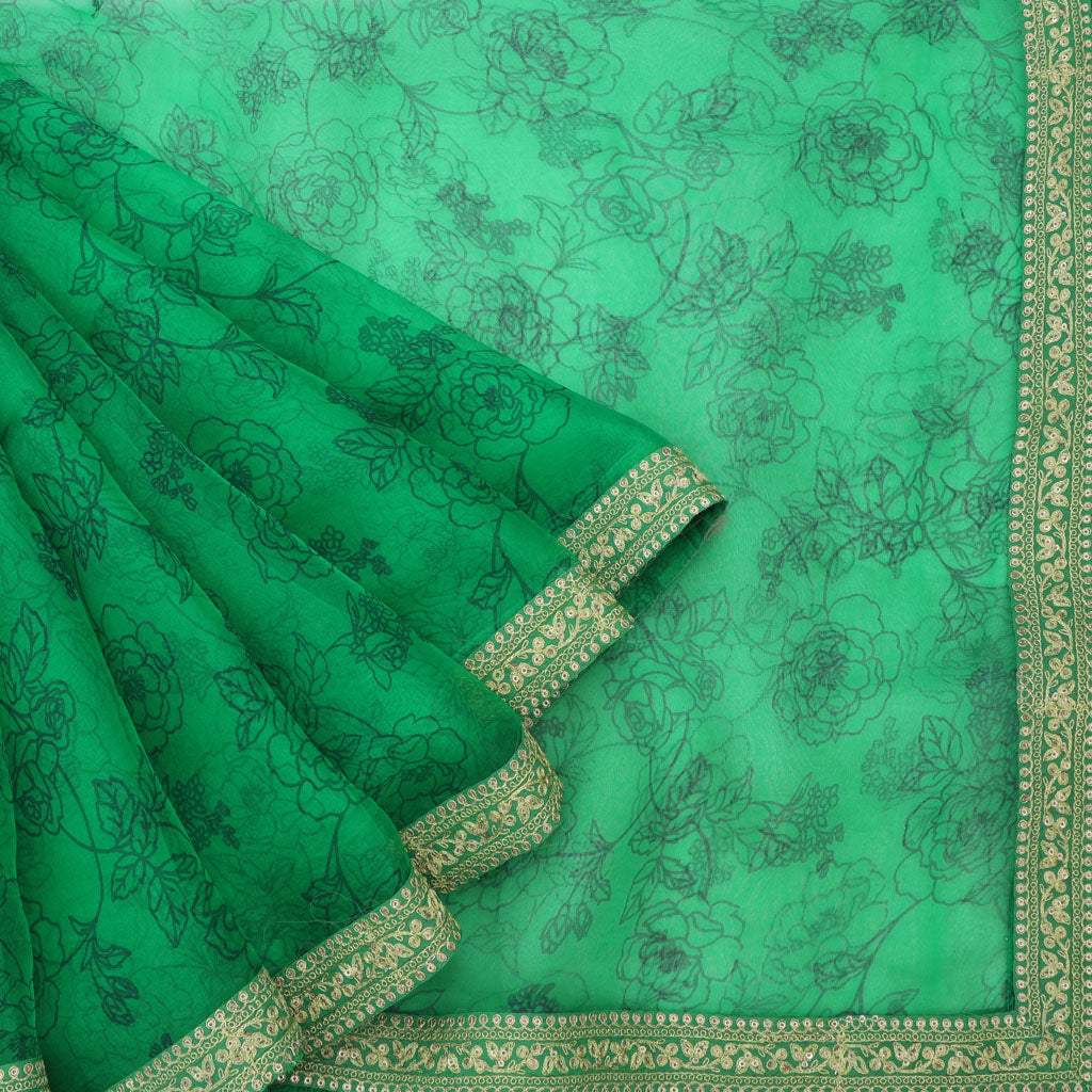 Dark Green Printed Organza Saree - Singhania's