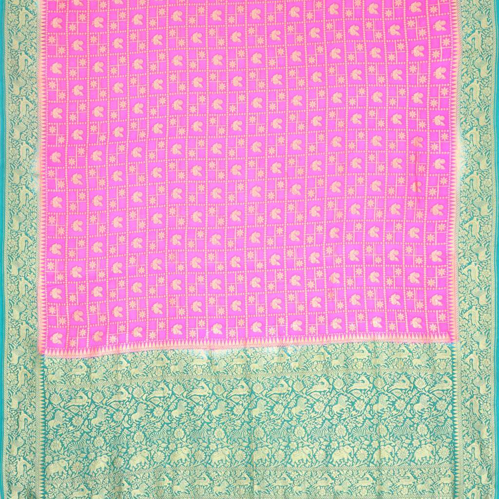 Pink Checkered Georgette Banarasi Saree With Deer Pattern - Singhania's