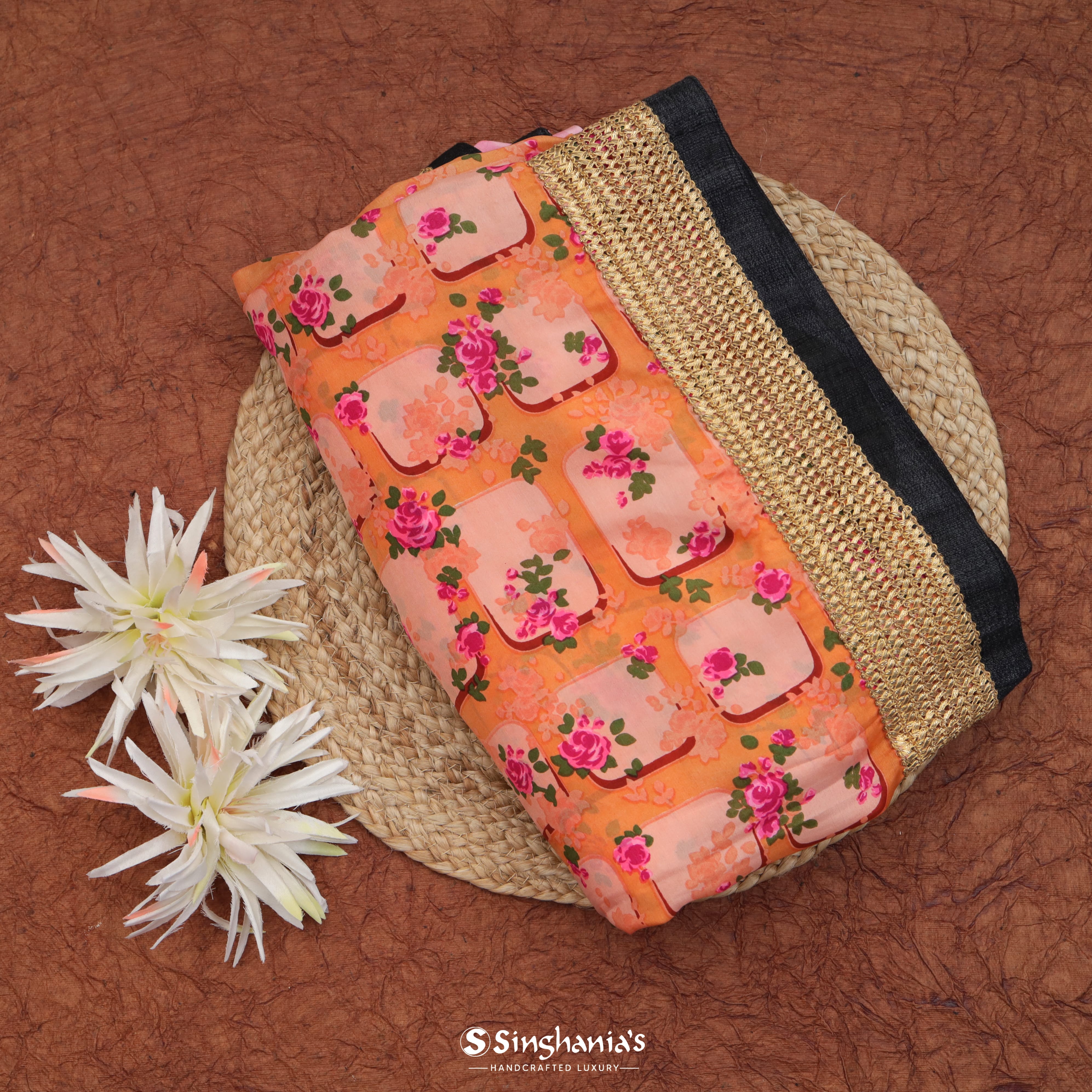 Candy Orange Silk Saree With Floral Pattern