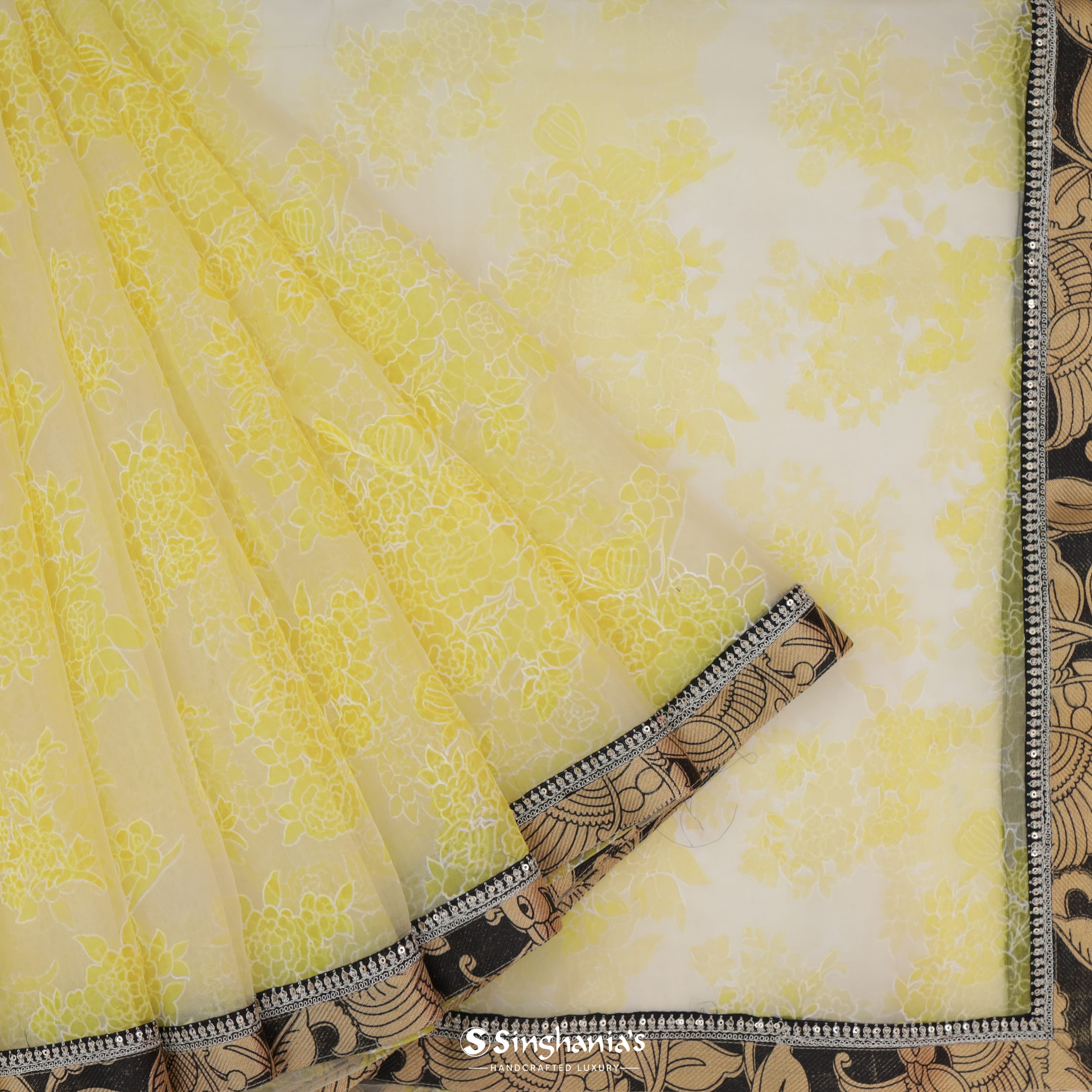 Lemon Yellow Organza Uppada Saree With Floral Jaal Design