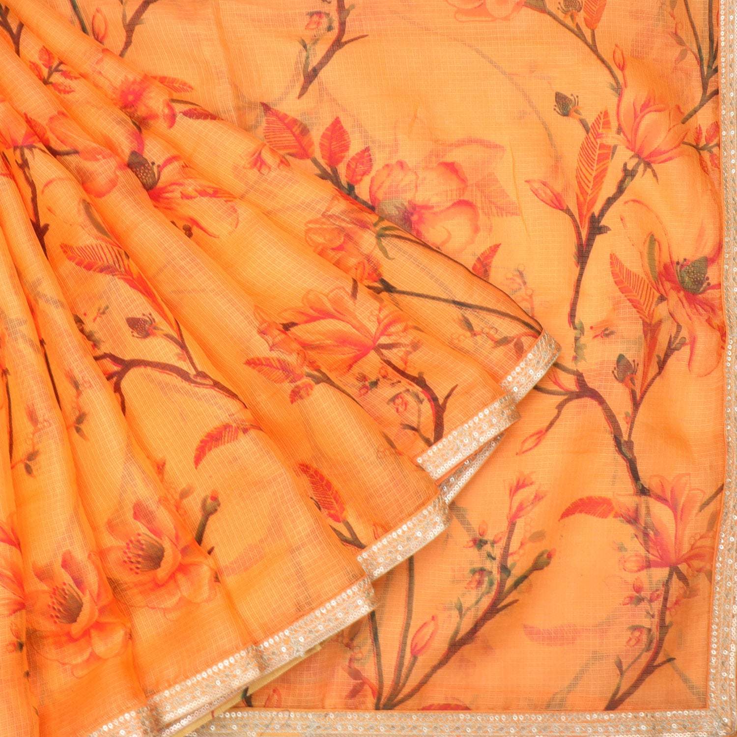 Orange Kota Silk Saree With Floral Prints - Singhania's