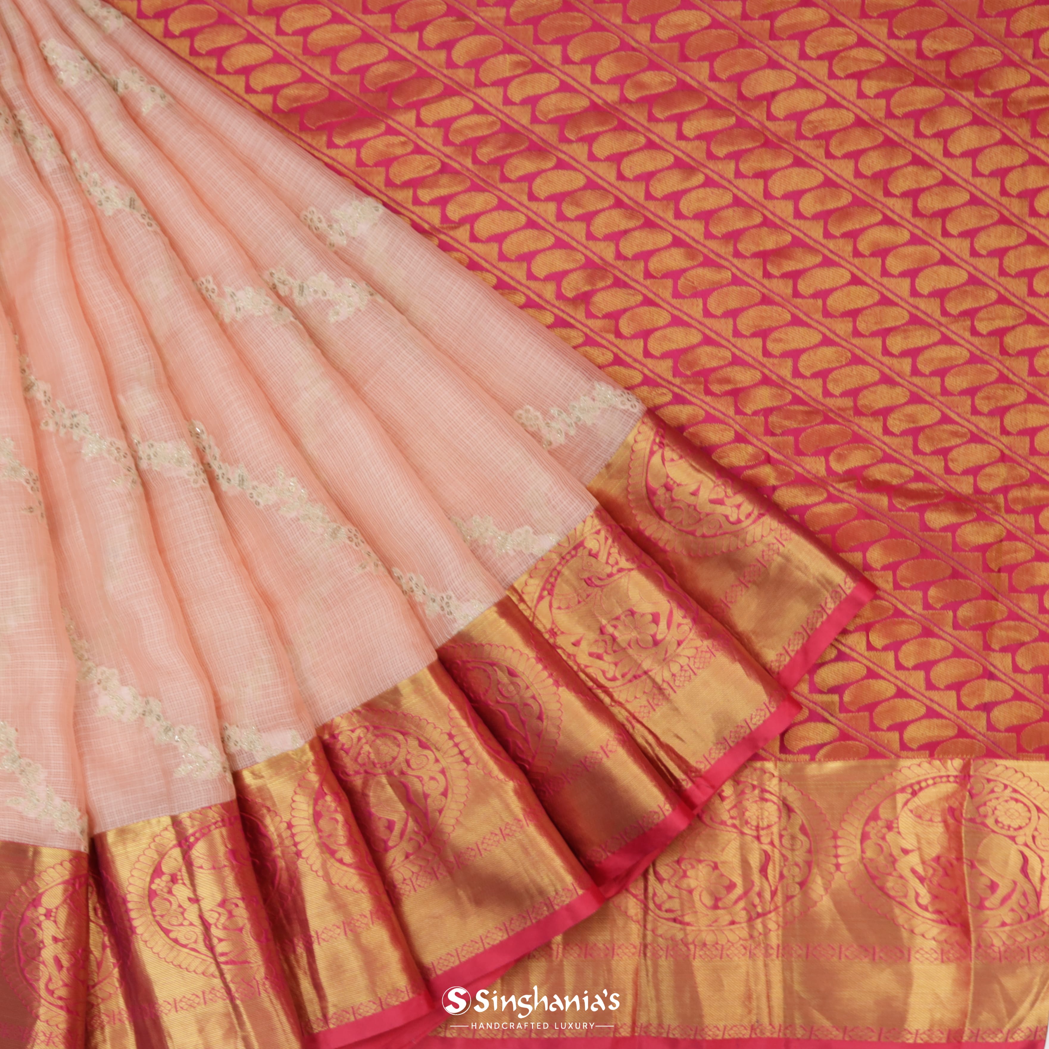 Pastel Peach Silk Banarasi Saree With Stripes Pattern