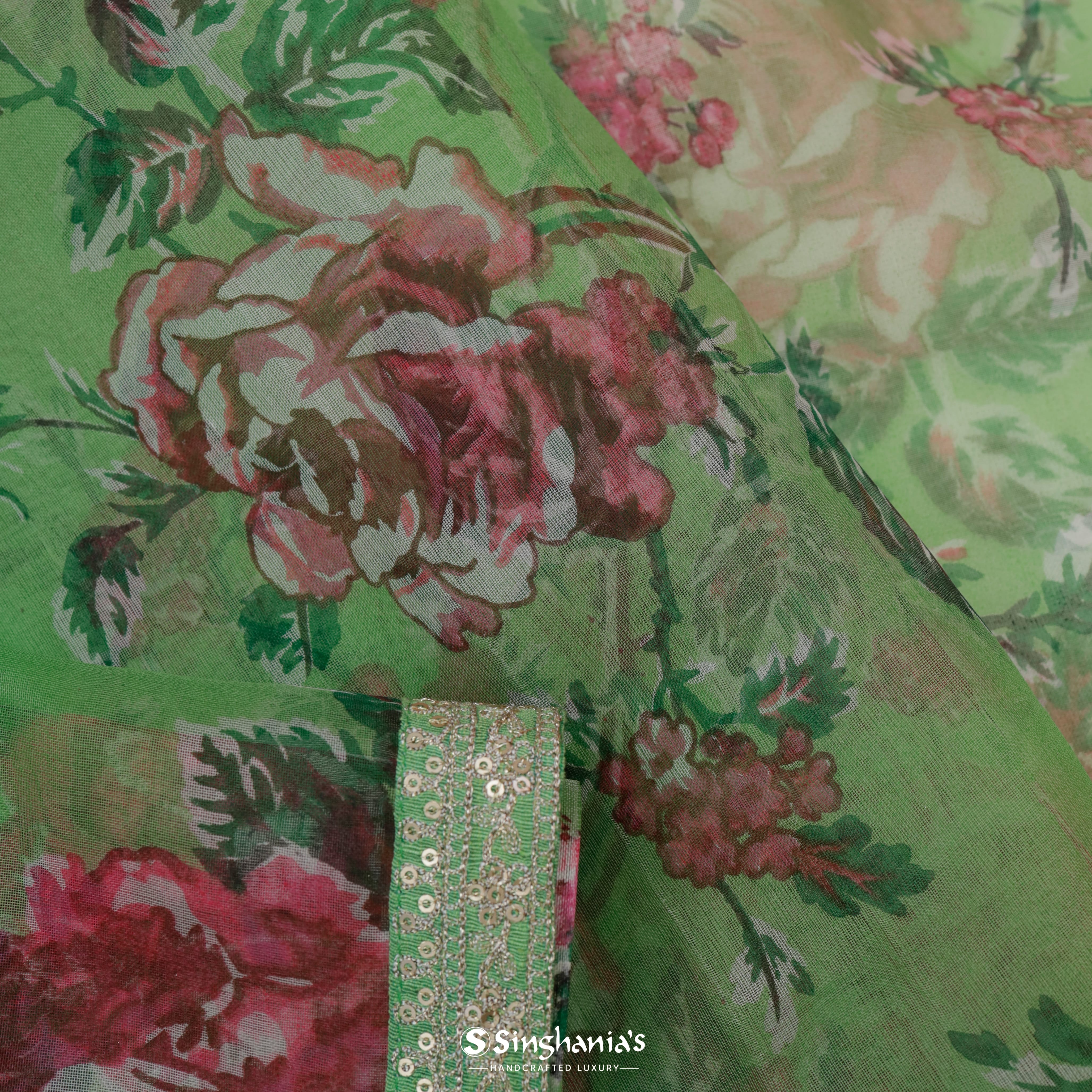 Avocado Green Organza Printed Saree With Floral Jaal Design