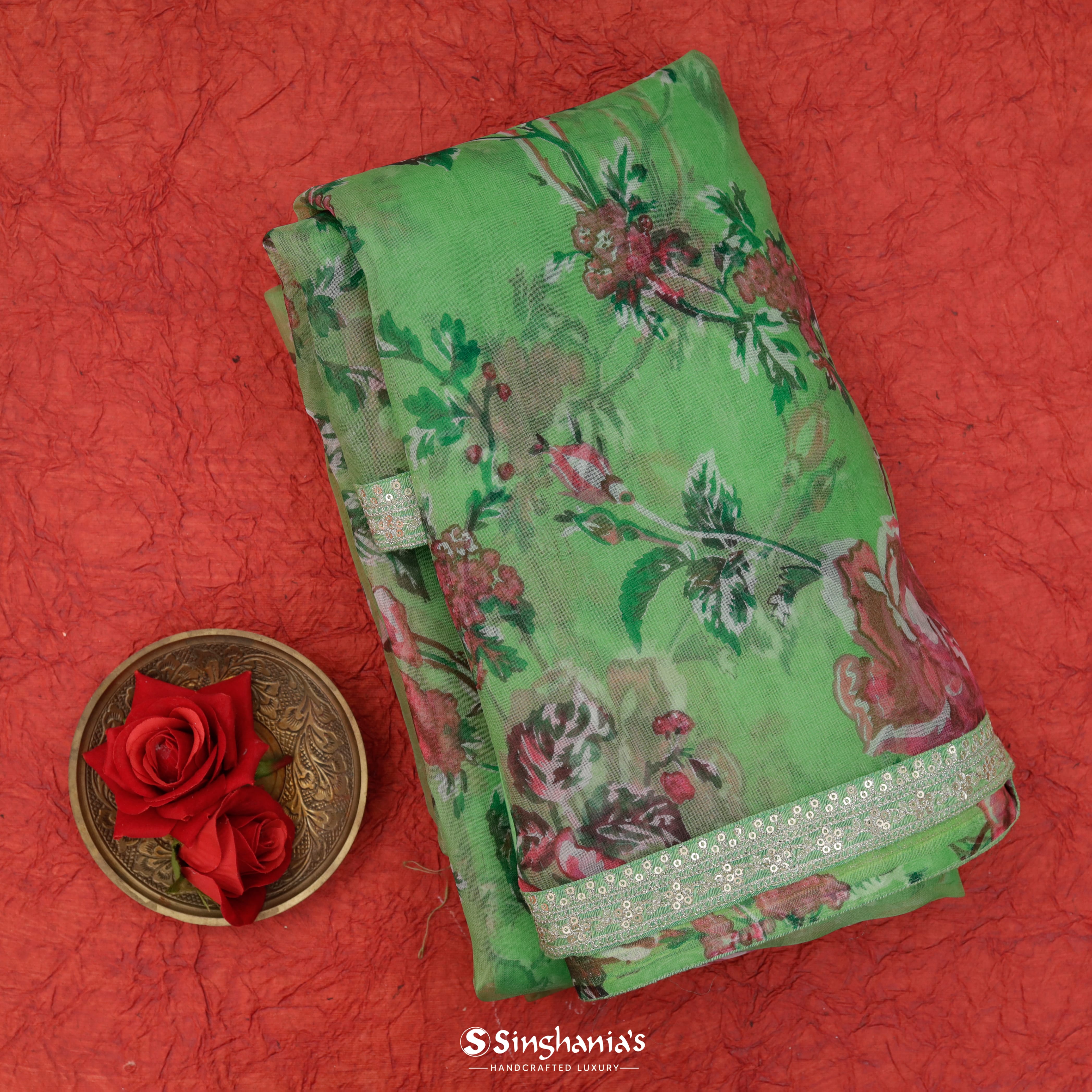 Avocado Green Organza Printed Saree With Floral Jaal Design