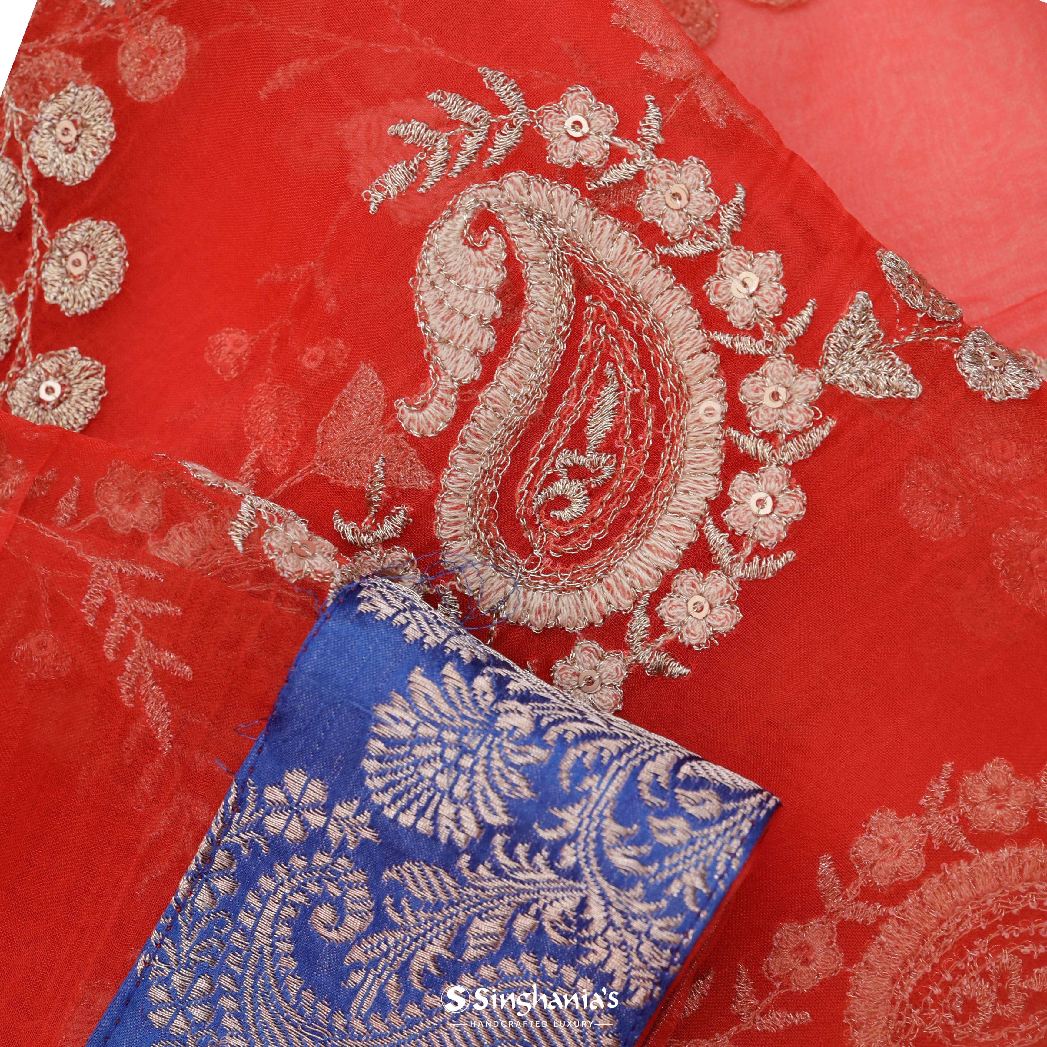 Bridal Red Organza Printed Saree With Floral Jaal Design