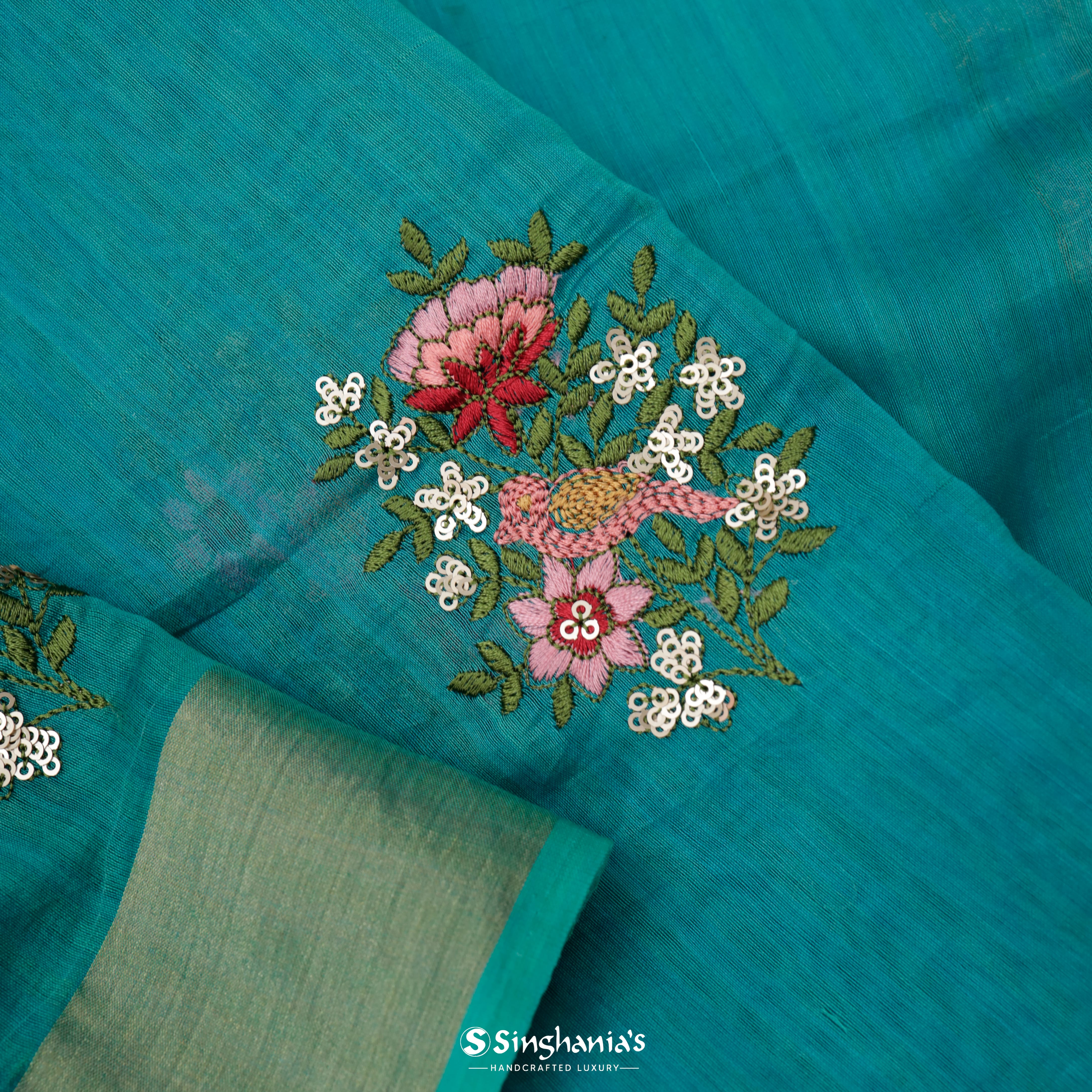 Teal Blue Silk Embroidery Saree With Floral Buttas