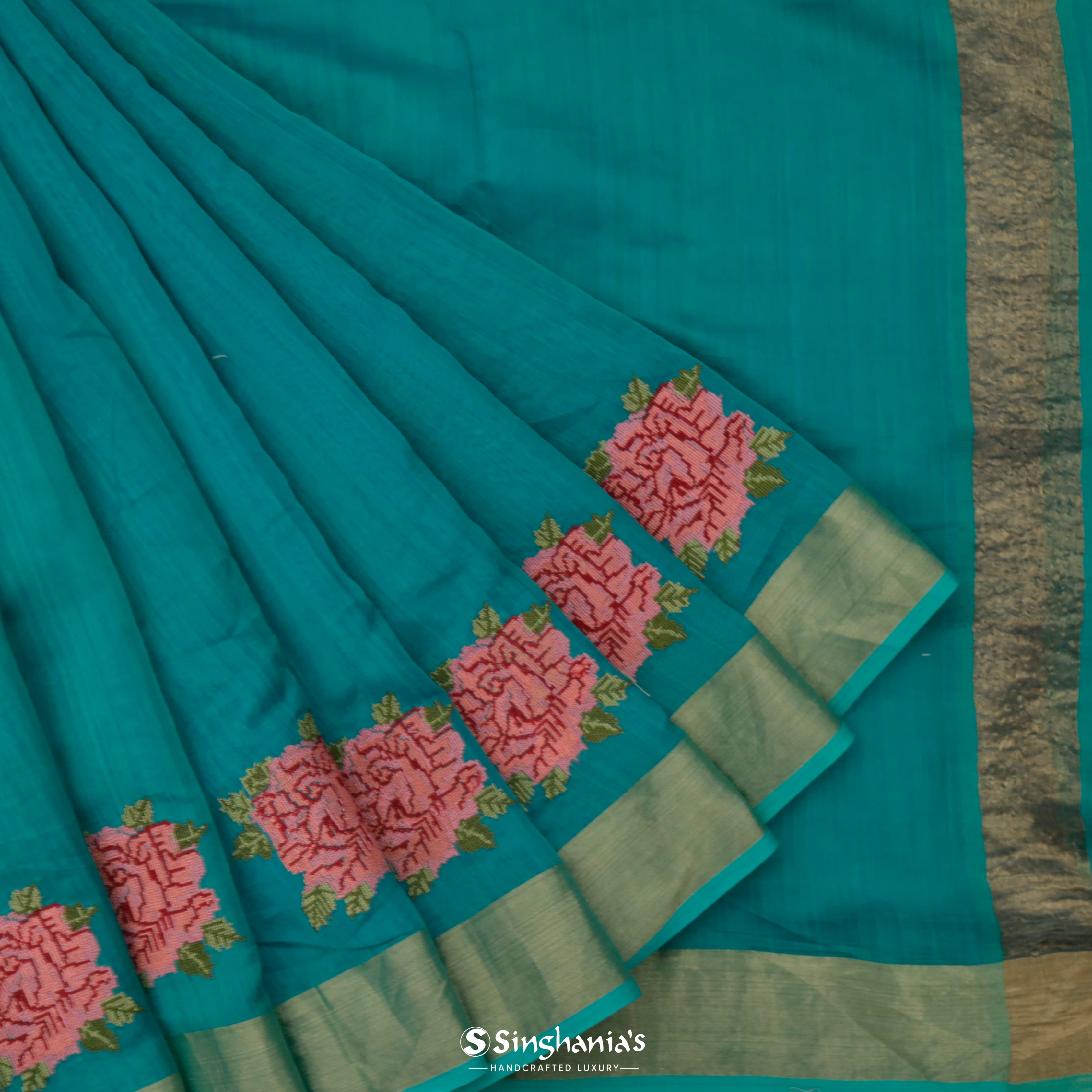 Teal Blue Chanderi Banarasi Saree With Tiny Floral Buttis