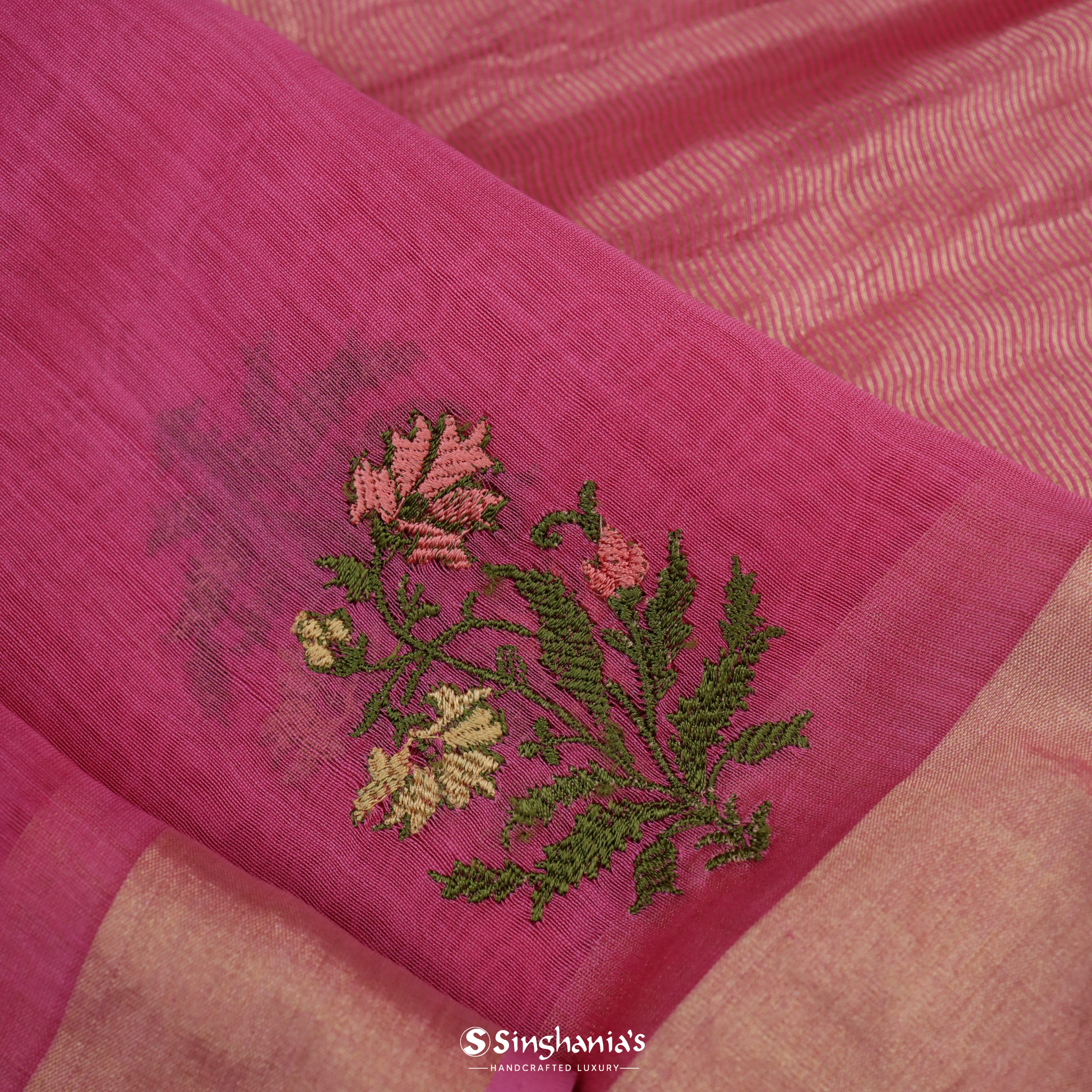 Dark Pink Chanderi Printed With Floral Embroidery Motifs