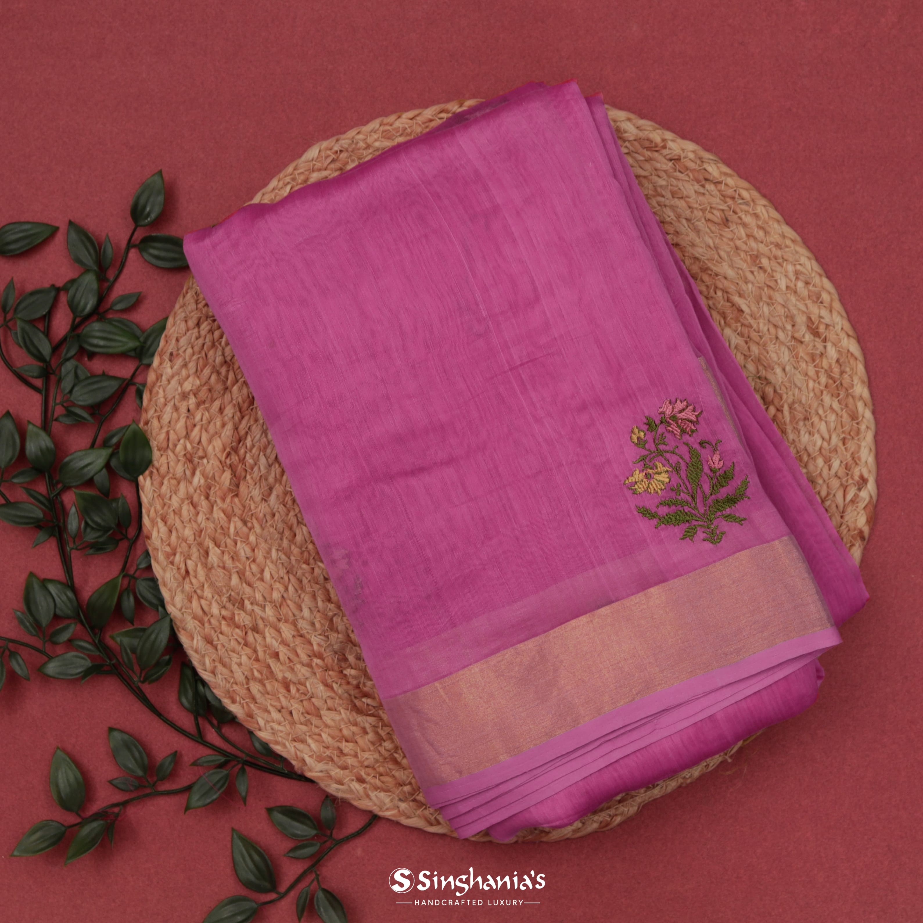 Dark Pink Chanderi Printed With Floral Embroidery Motifs