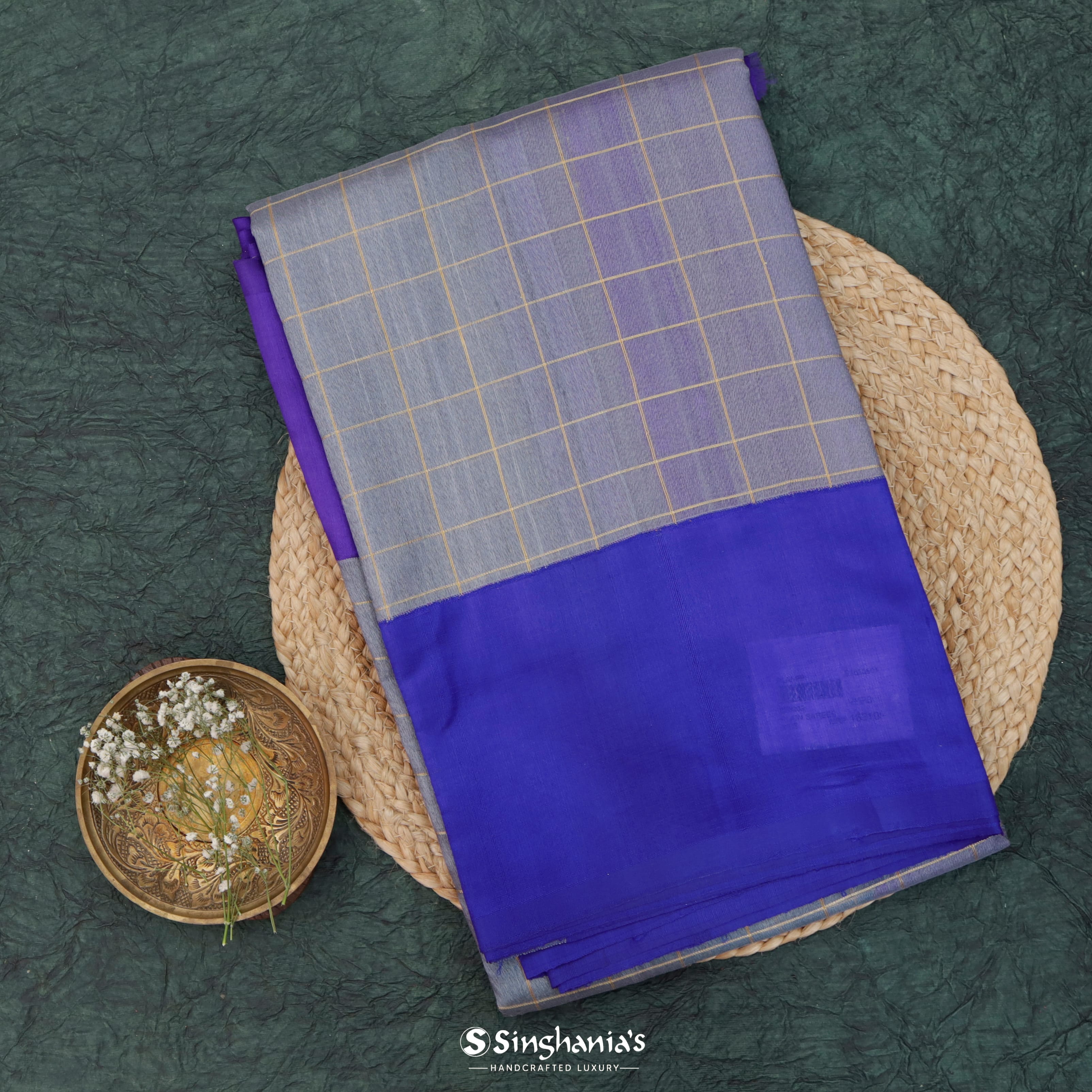Steel Blue Matka Saree With Checks Pattern
