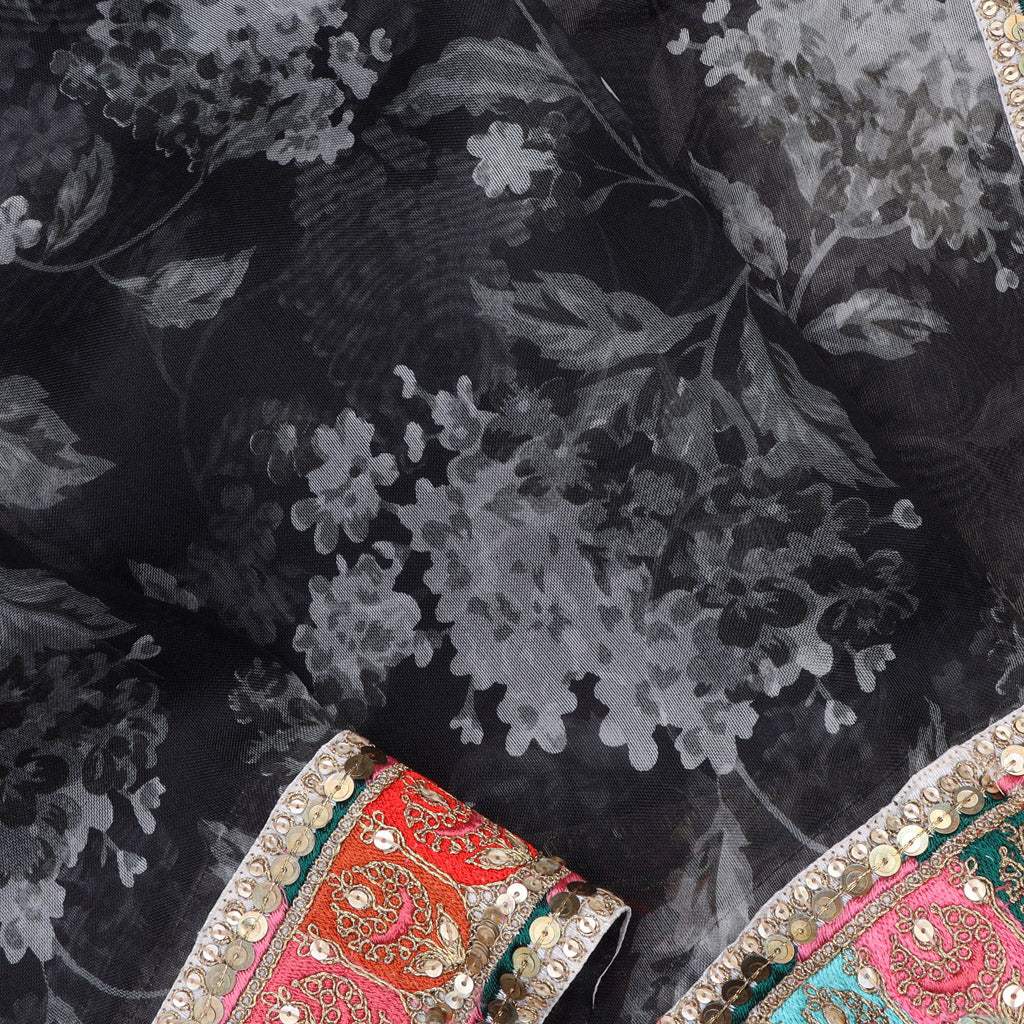 Matte Black Embroidery Organza Saree With Floral Print - Singhania's