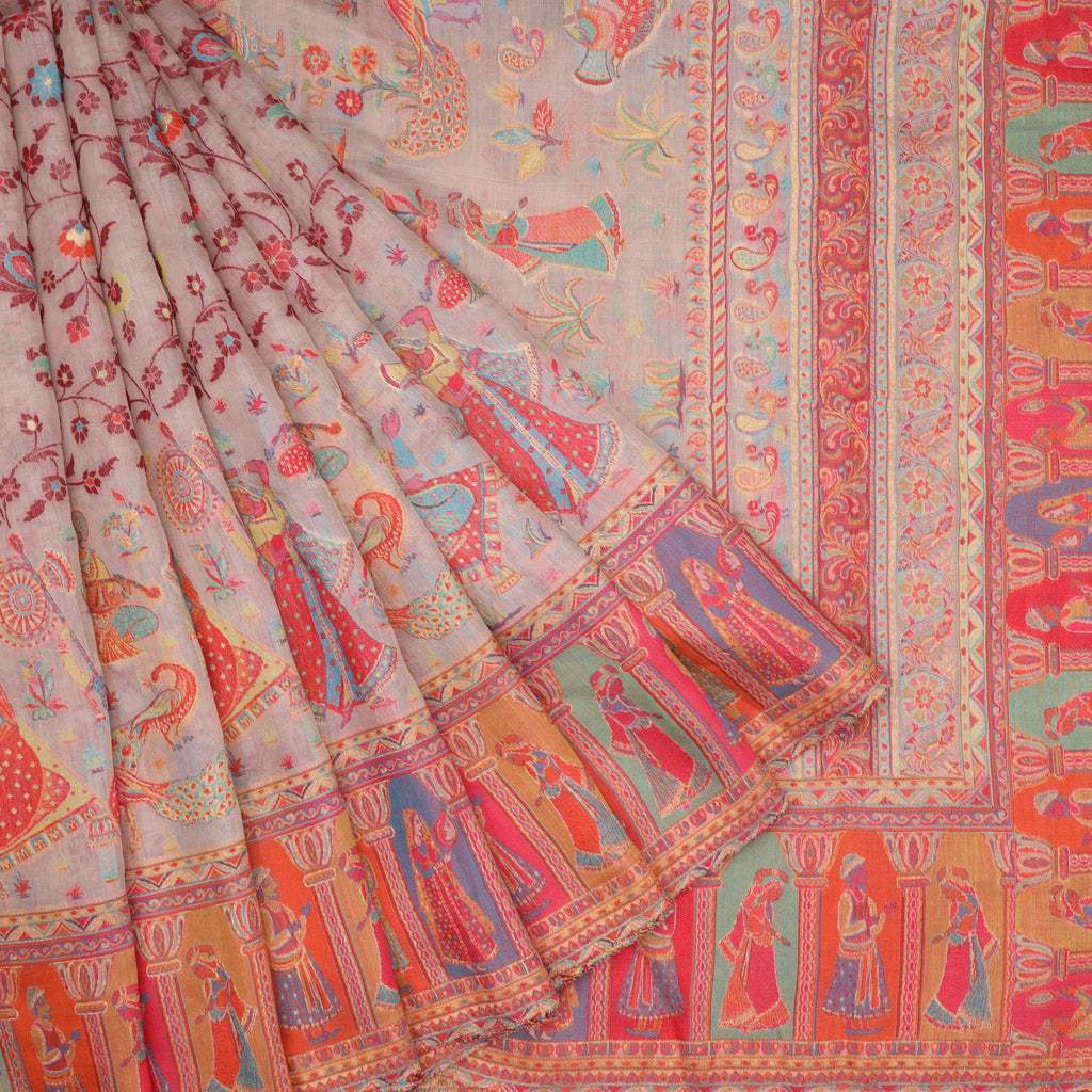 Pearl White Kani Silk Handloom Saree With Jaal Design - Singhania's