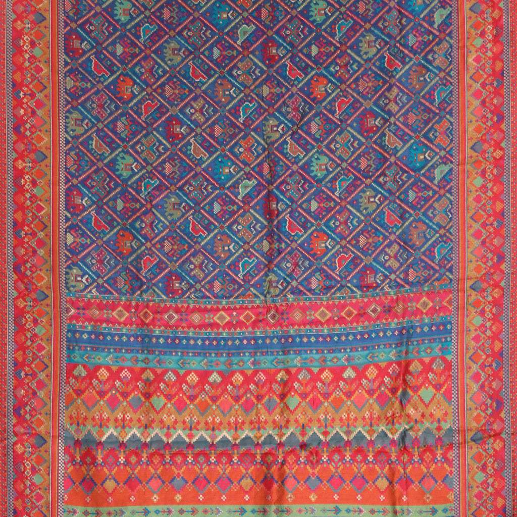 Royal Azure Blue Kani Silk Handloom Saree With Multicolour Border - Singhania's