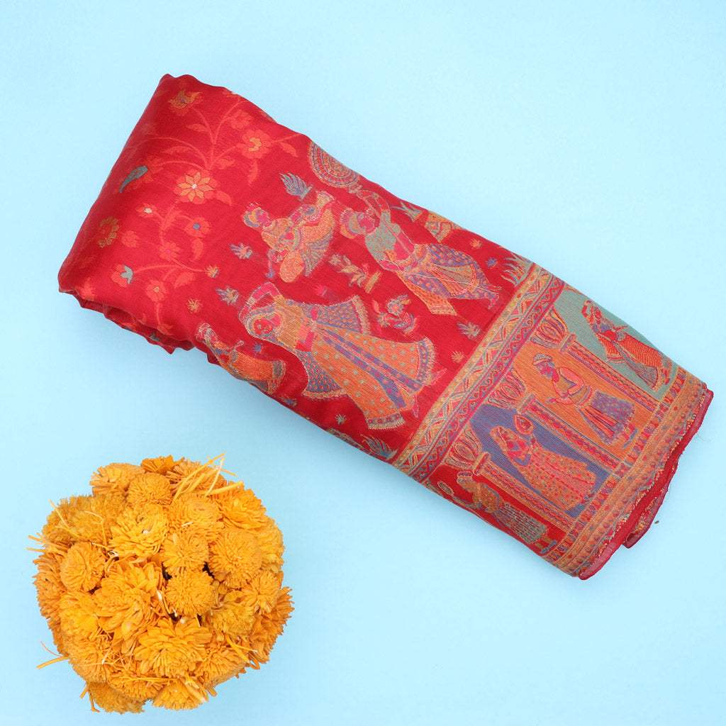 Red Kani Silk Handloom Saree With Multicolour Border - Singhania's