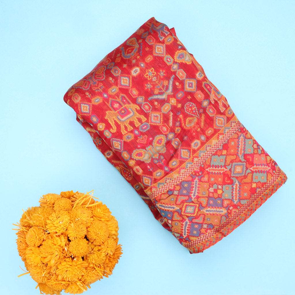 Bright Red Kani Silk Handloom Saree With Multicolour Border - Singhania's