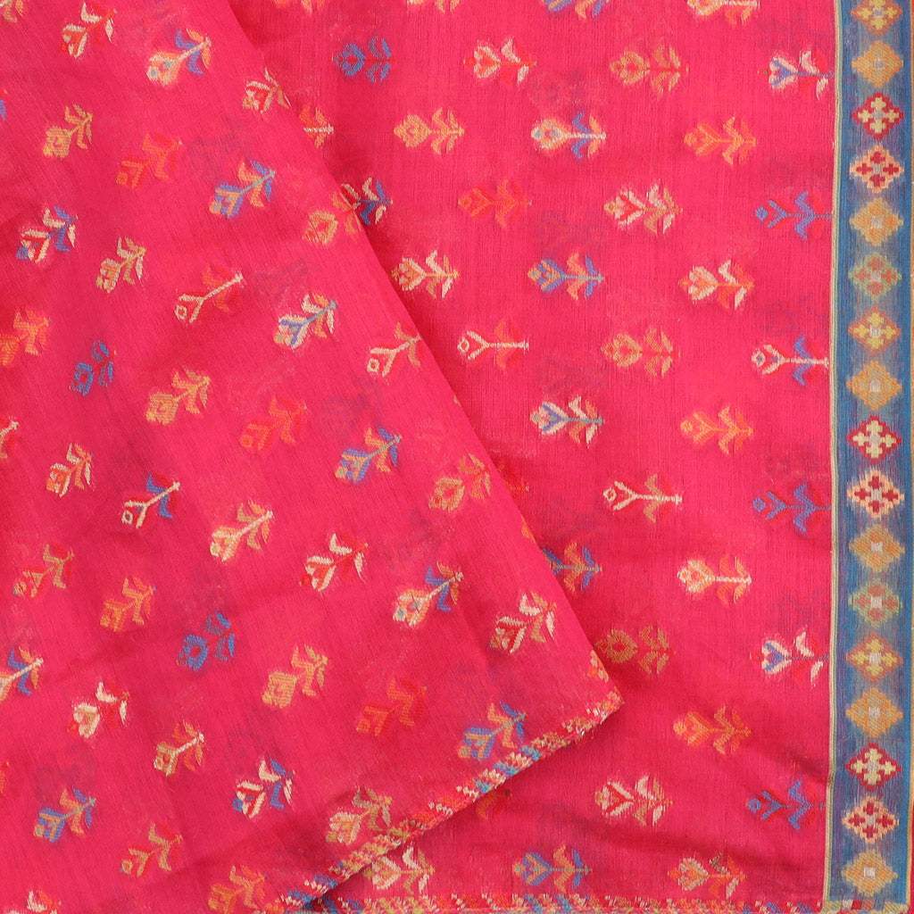 Ruby Pink Kani silk handloom saree with multicolour border - Singhania's
