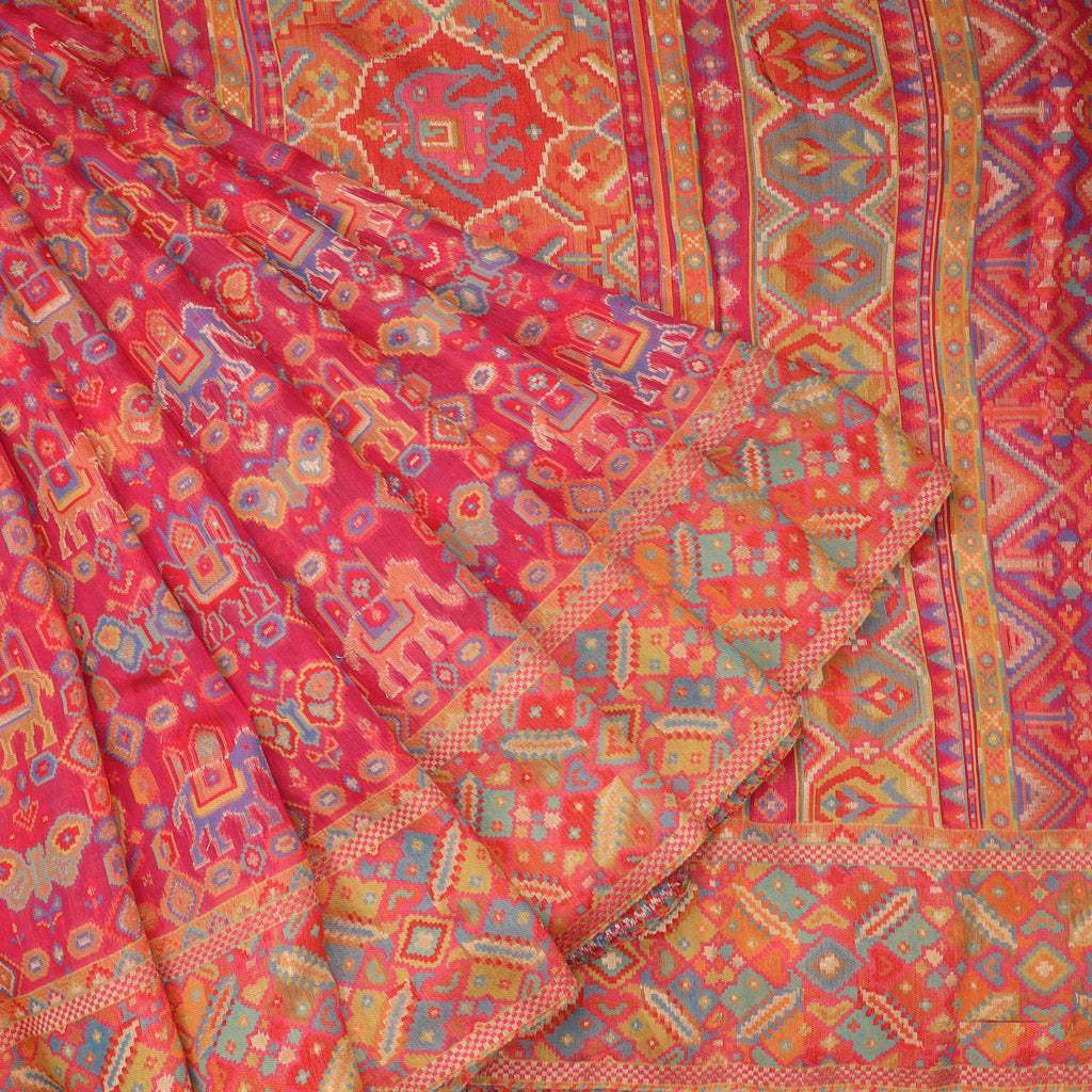 Ruby Pink Kani silk handloom saree with multicolour border - Singhania's