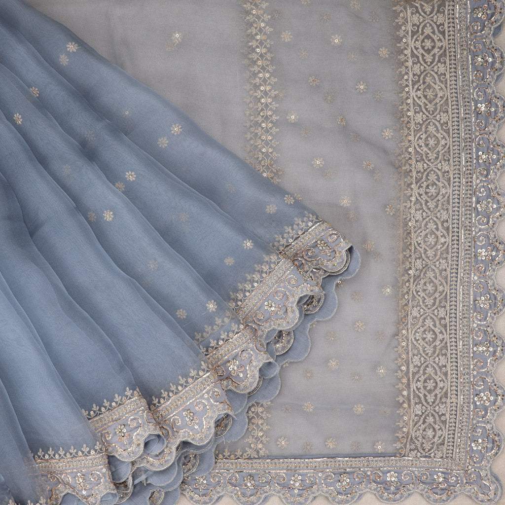 Light Slate Blue Embroidered Organza Designer Saree - Singhania's