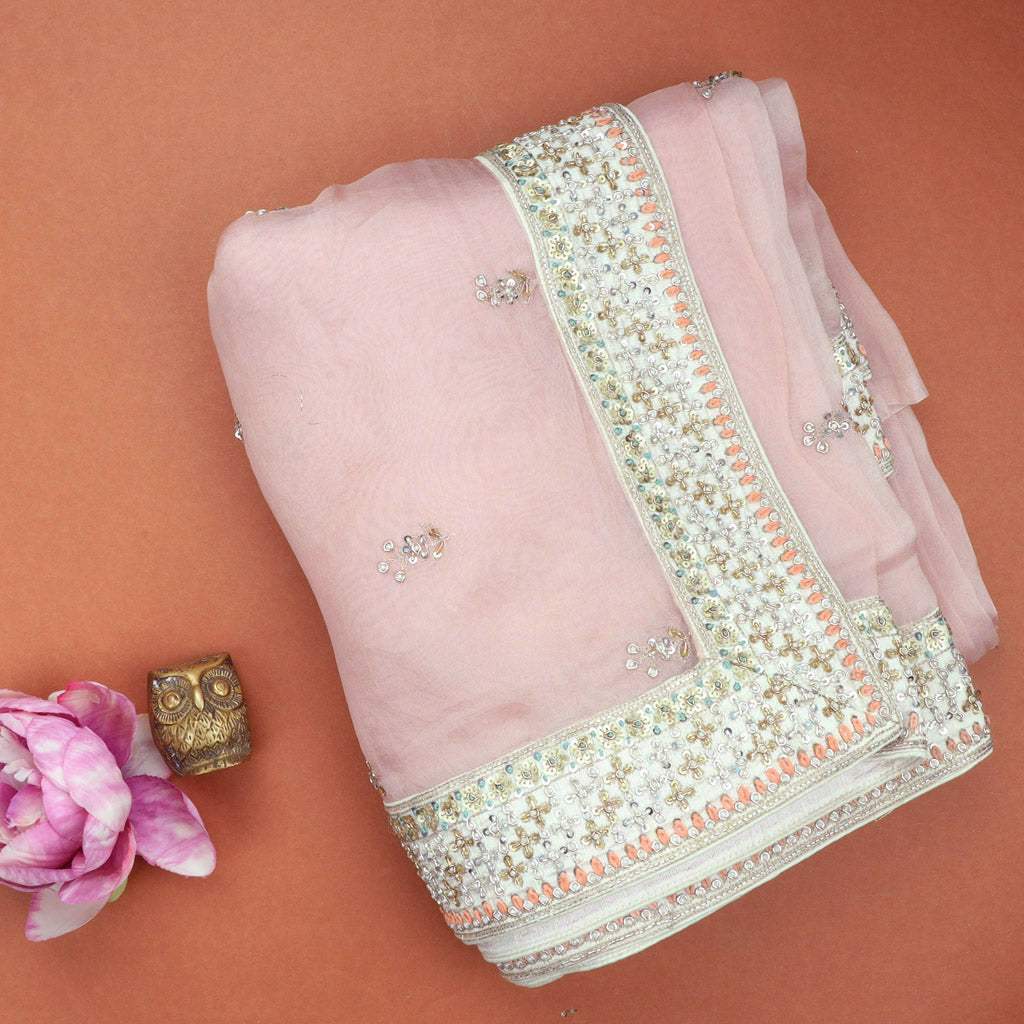 Pastel Pale Pink Embroidery Organza Saree - Singhania's