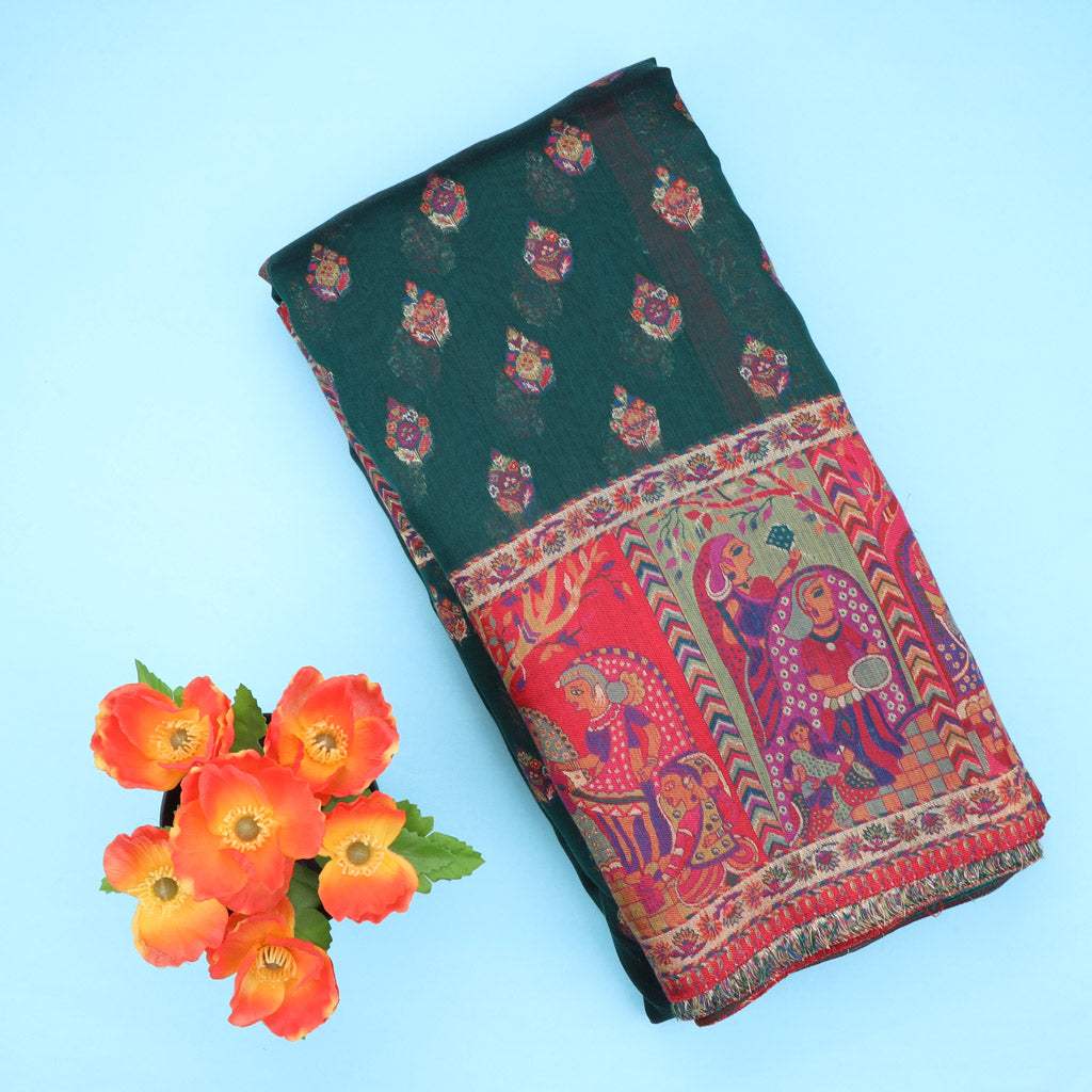 Dark Green Kani Silk Handloom Saree With Floral Buttas - Singhania's