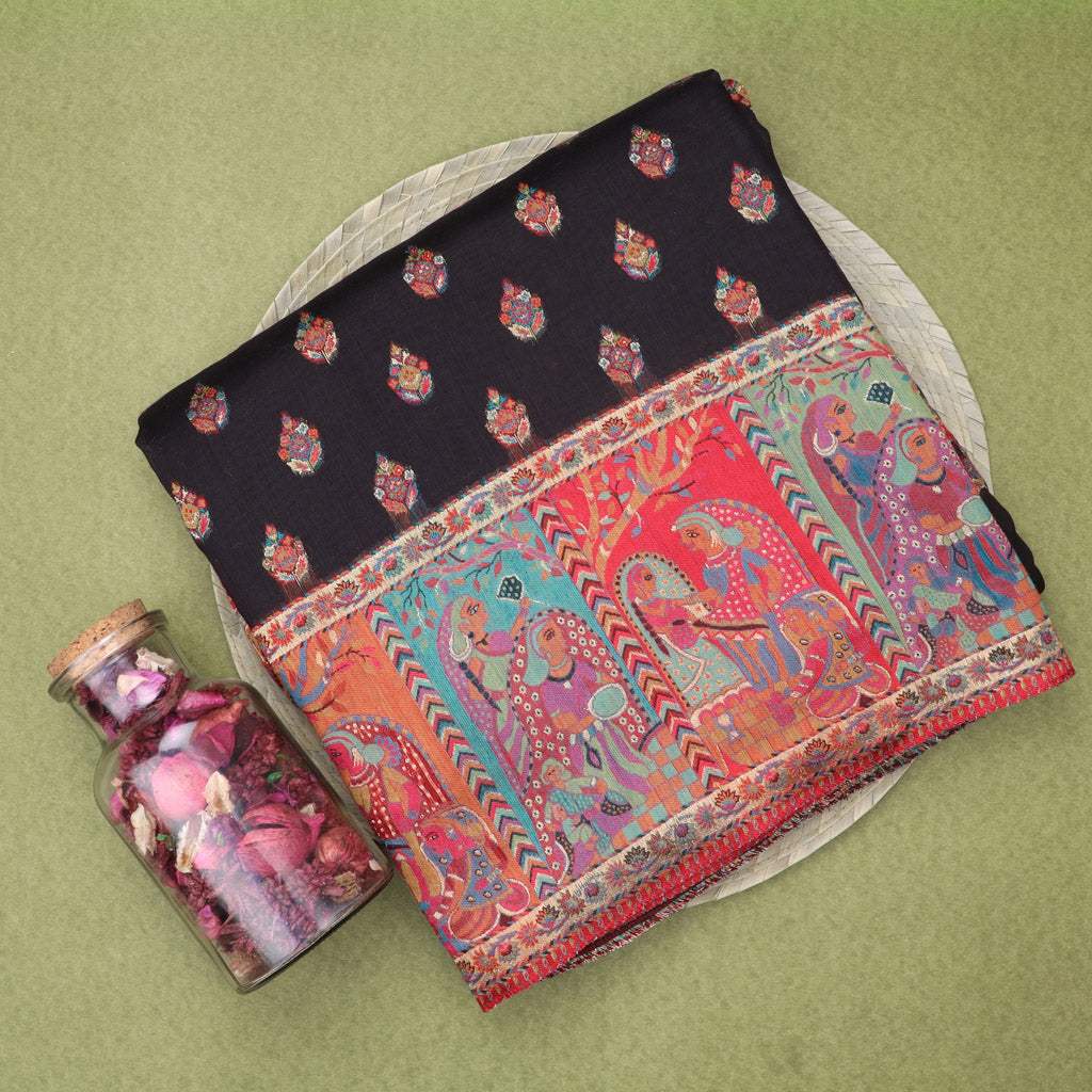 Black Kani Silk Handloom Saree With Multicolour Border - Singhania's
